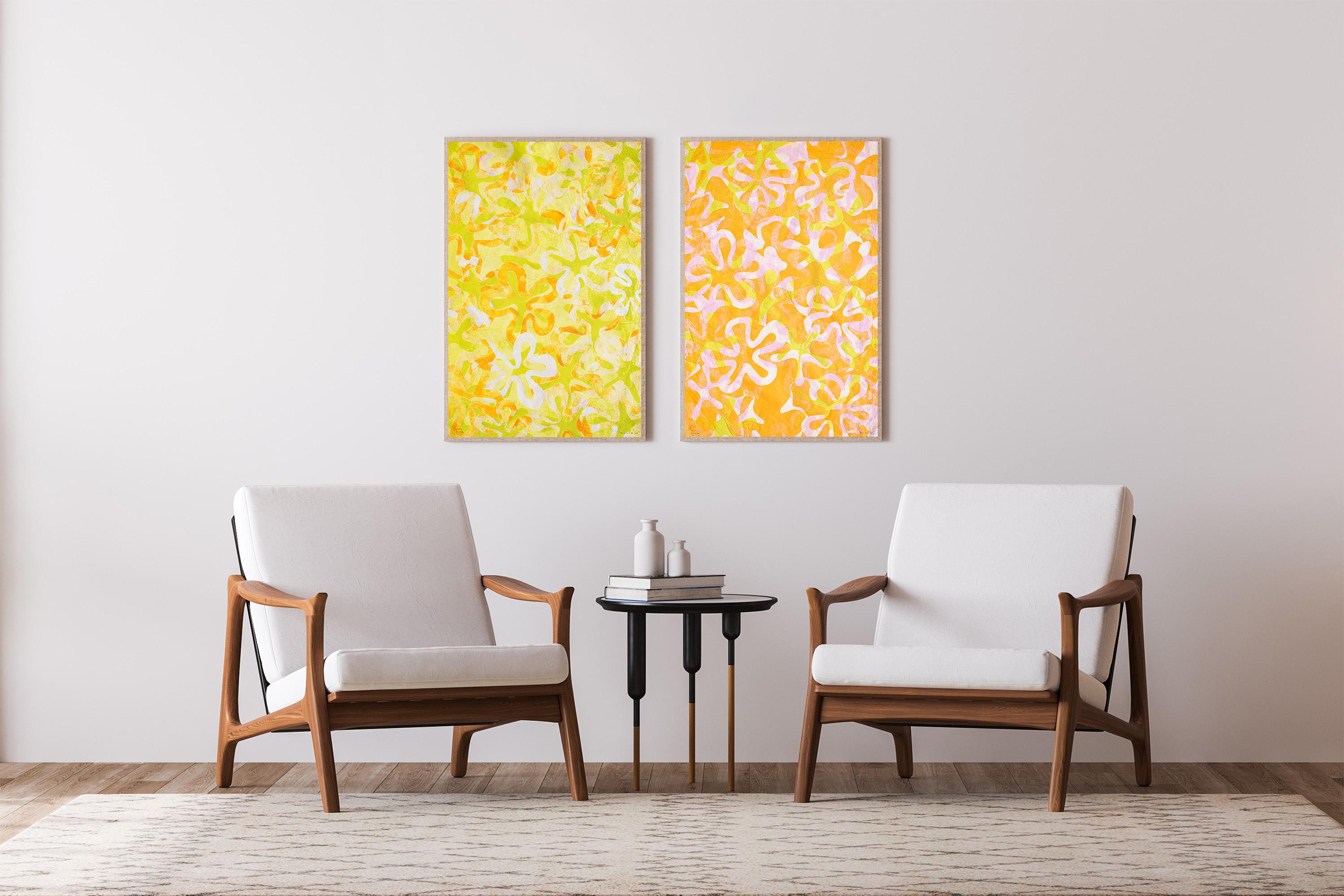 Diptyque Blossom, monogravure sur papier japonais, motifs de fleurs aux tons pastel 2025 - Painting de Enric Servera