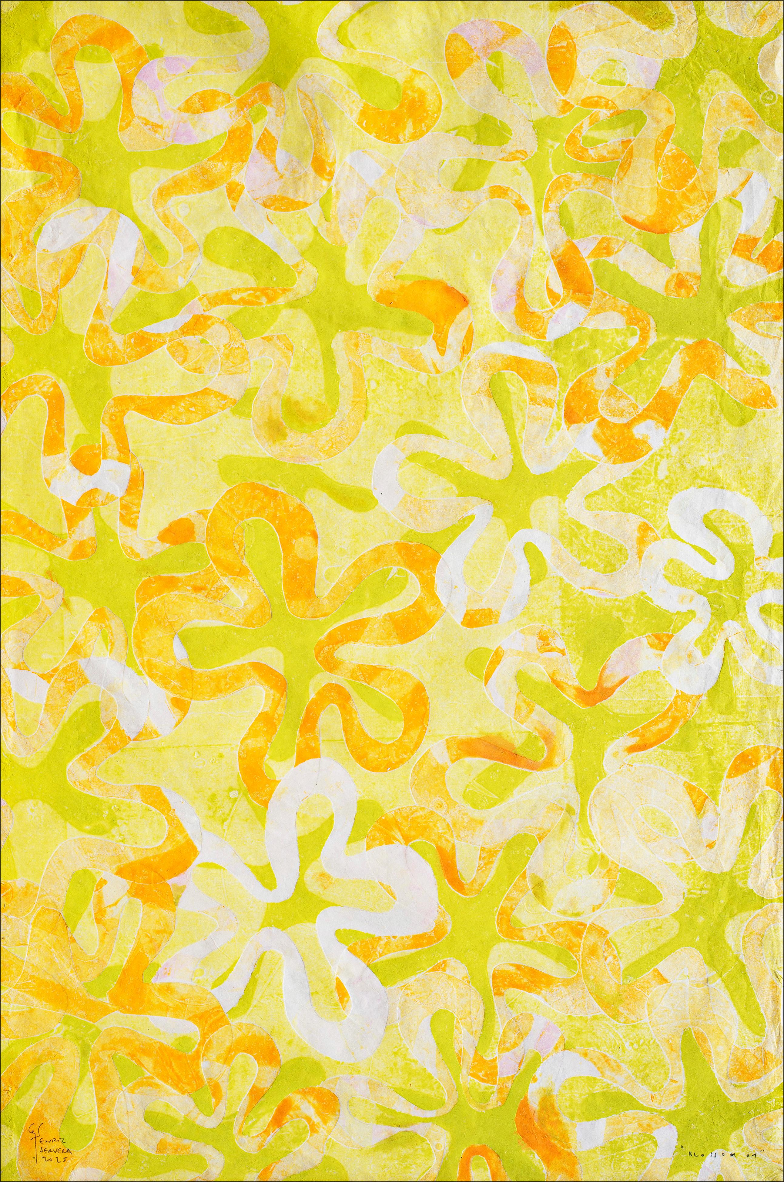 Diptyque Blossom, monogravure sur papier japonais, motifs de fleurs aux tons pastel 2025 - Impressionnisme abstrait Painting par Enric Servera