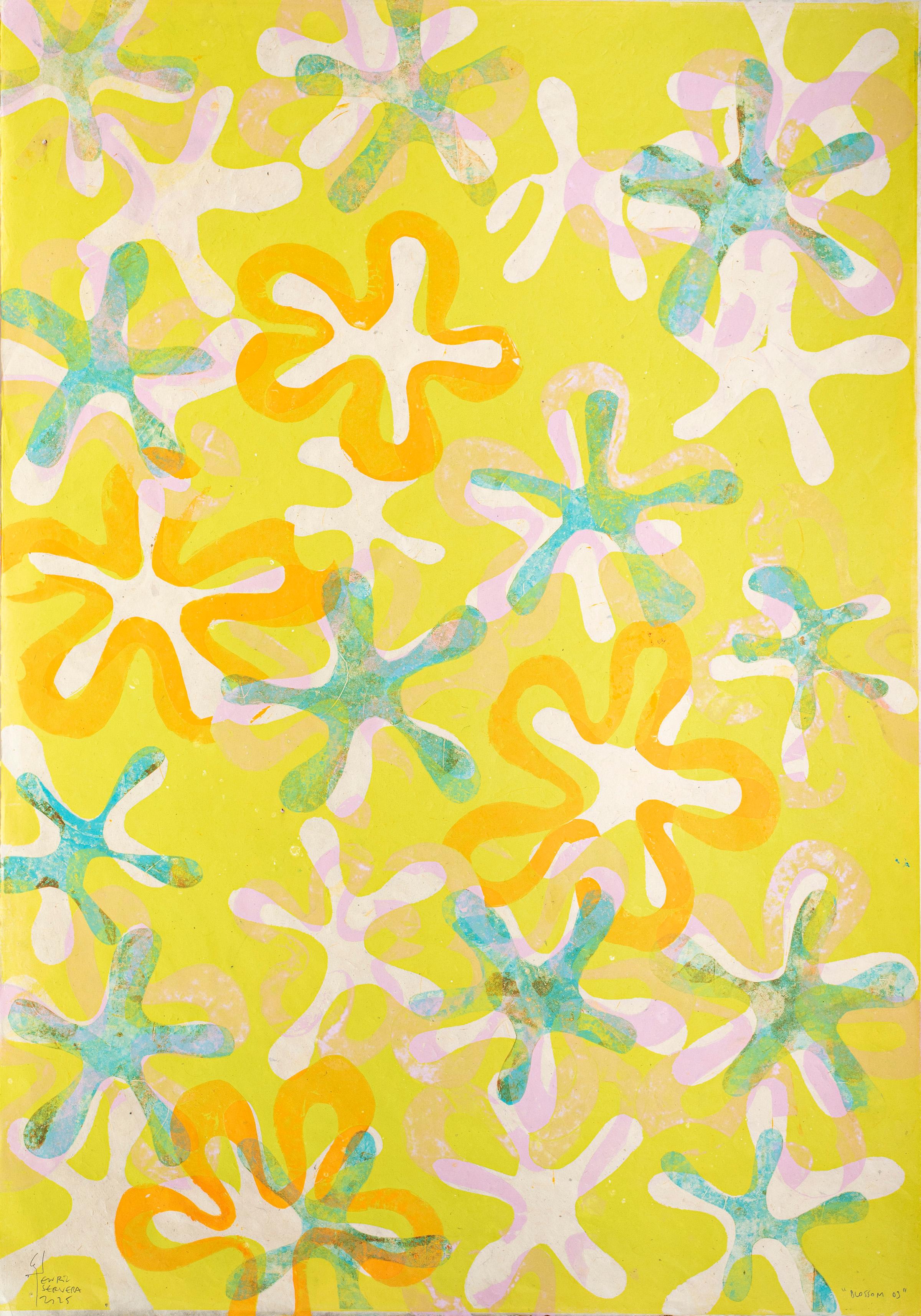 Dittico di fiori, Monoprint su carta giapponese, toni pastello, motivi floreali 2025 - Abstract Painting Arancia di Enric Servera