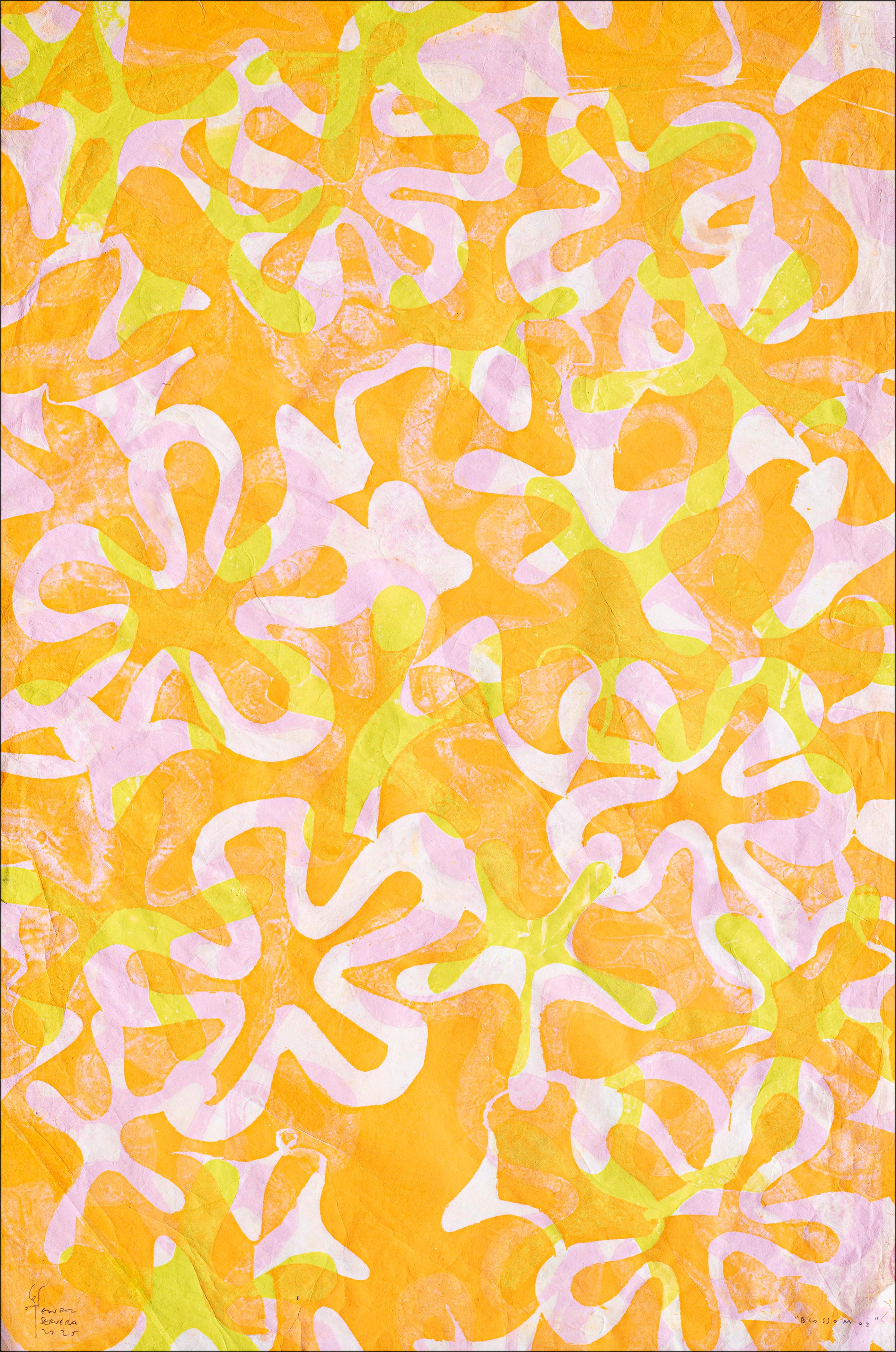 Diptyque Blossom, monogravure sur papier japonais, motifs de fleurs aux tons pastel 2025 - Orange Abstract Painting par Enric Servera