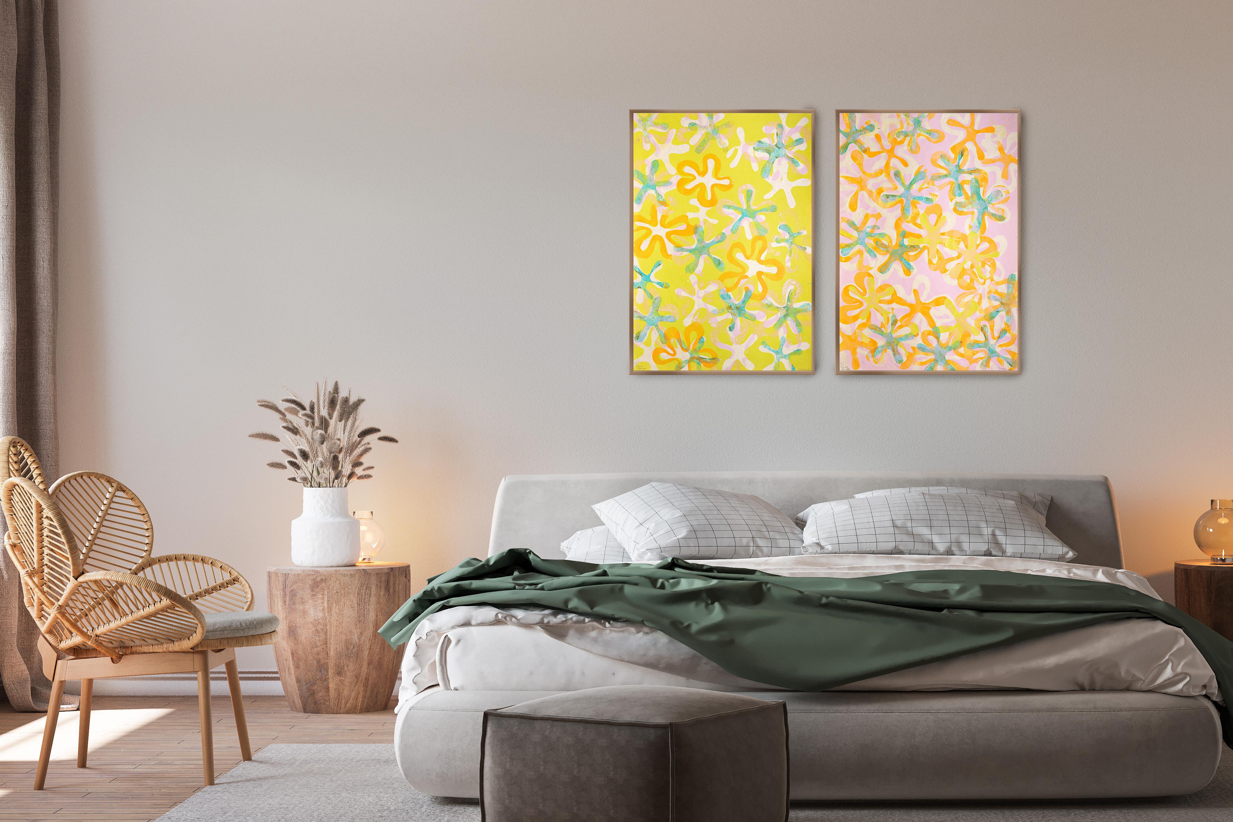Dittico di fiori, Monoprint su carta giapponese, toni pastello, motivi floreali 2025 in vendita 1