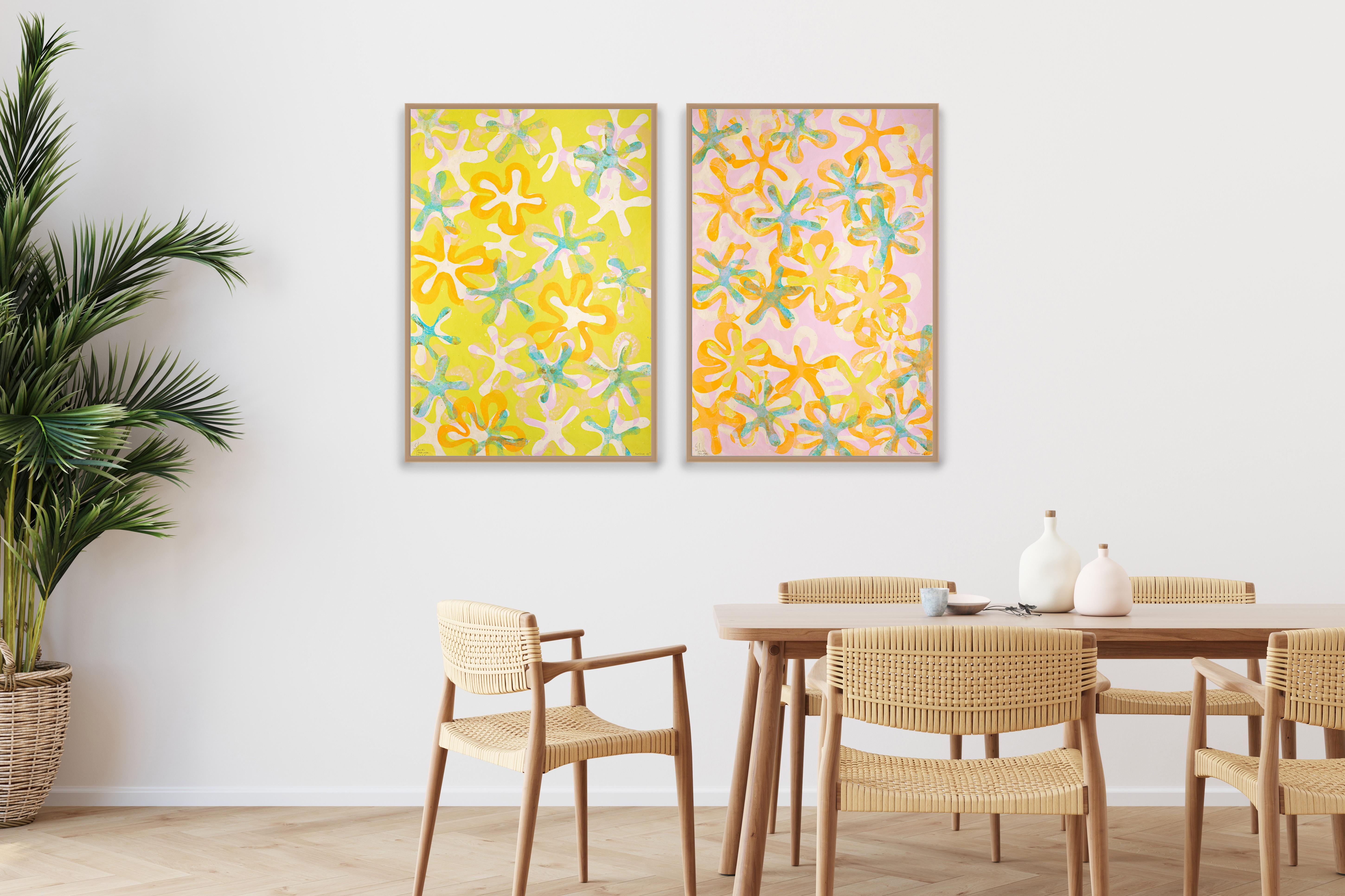 Dittico di fiori, Monoprint su carta giapponese, toni pastello, motivi floreali 2025 in vendita 2
