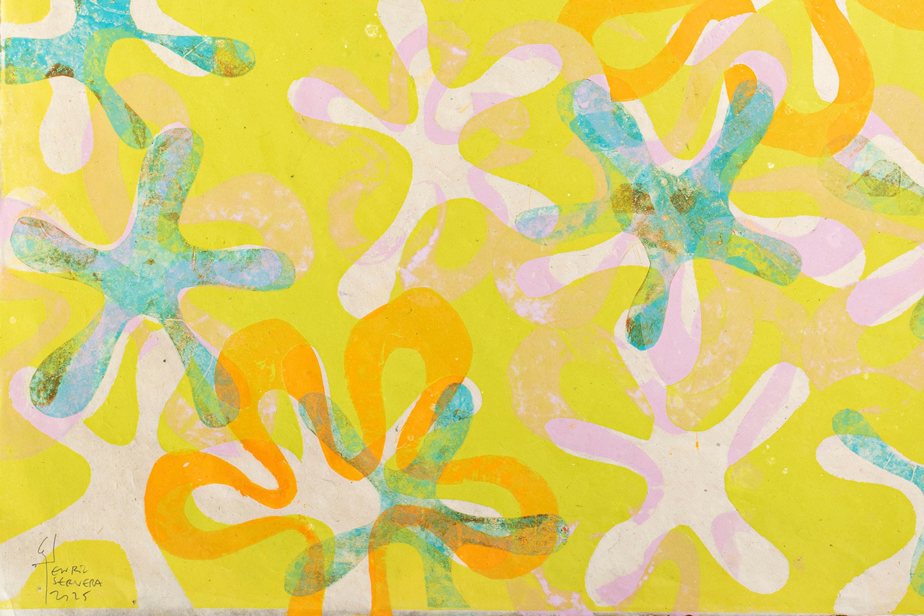 Dittico di fiori, Monoprint su carta giapponese, toni pastello, motivi floreali 2025 in vendita 3