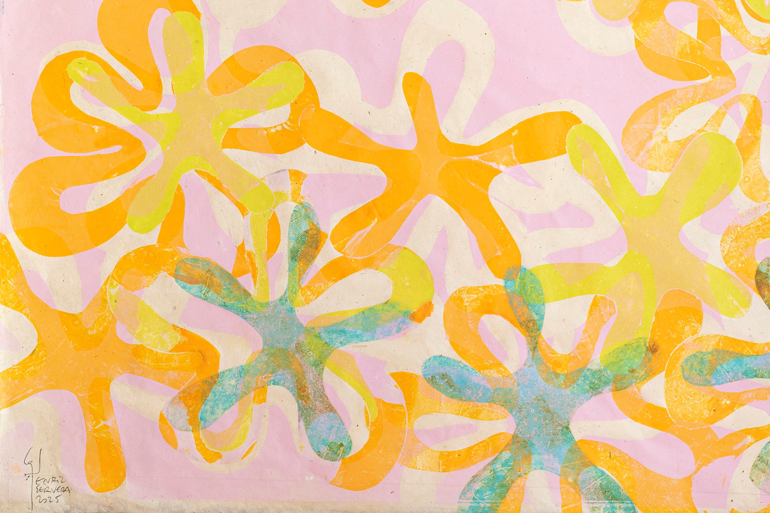 Dittico di fiori, Monoprint su carta giapponese, toni pastello, motivi floreali 2025 in vendita 4