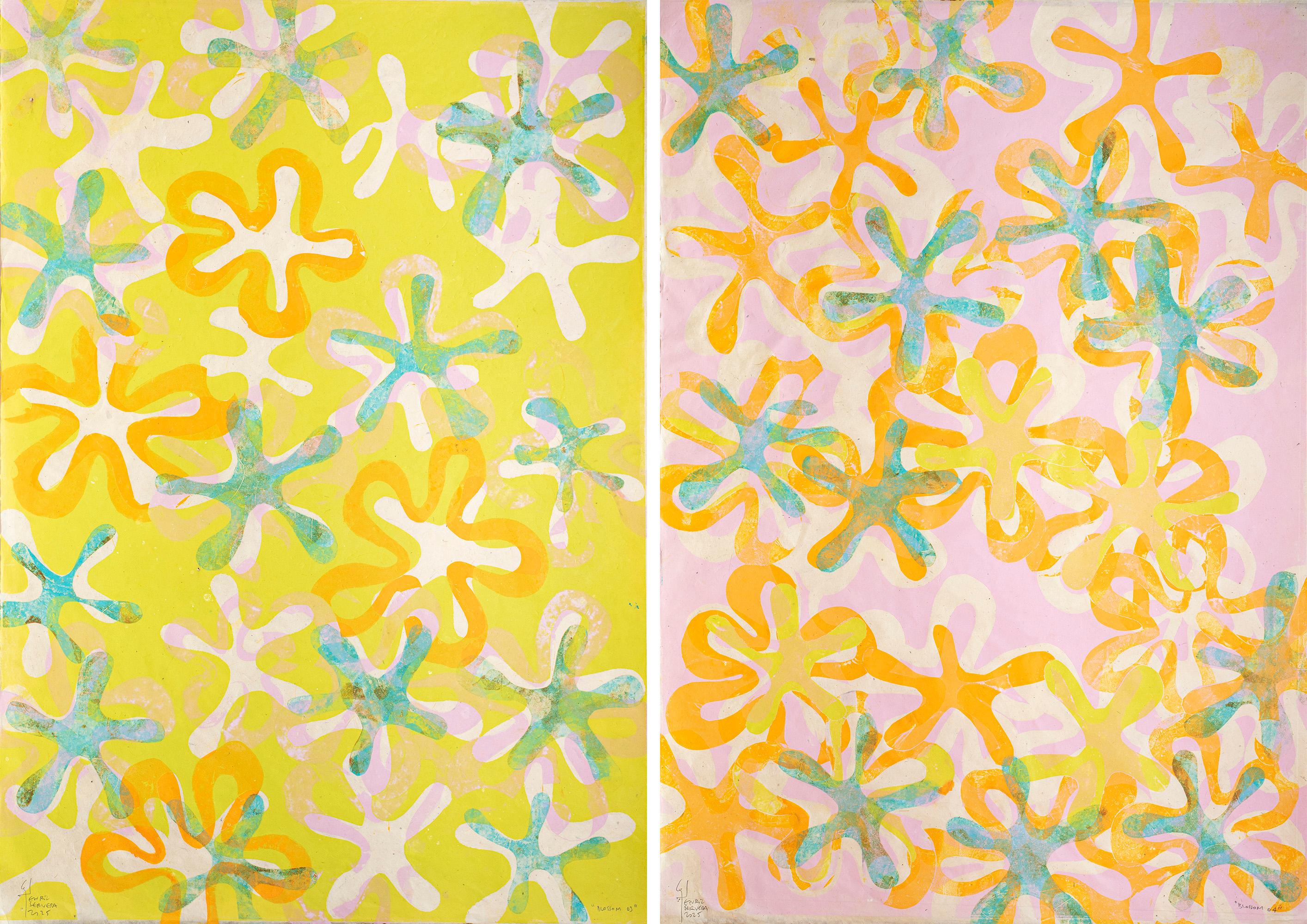 Dittico di fiori, Monoprint su carta giapponese, toni pastello, motivi floreali 2025