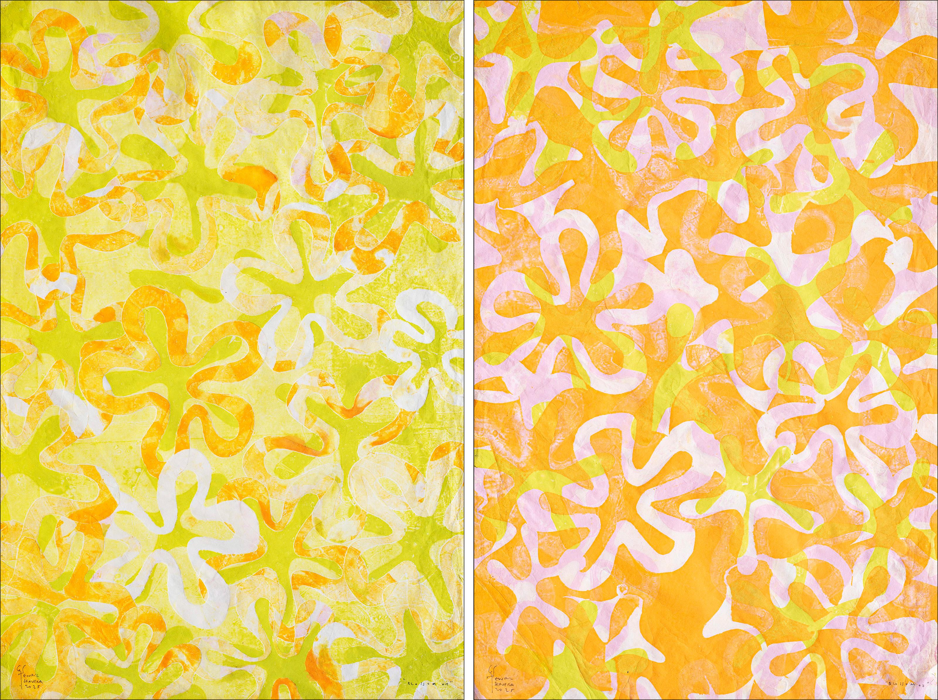 Abstract Painting Enric Servera - Diptyque Blossom, monogravure sur papier japonais, motifs de fleurs aux tons pastel 2025