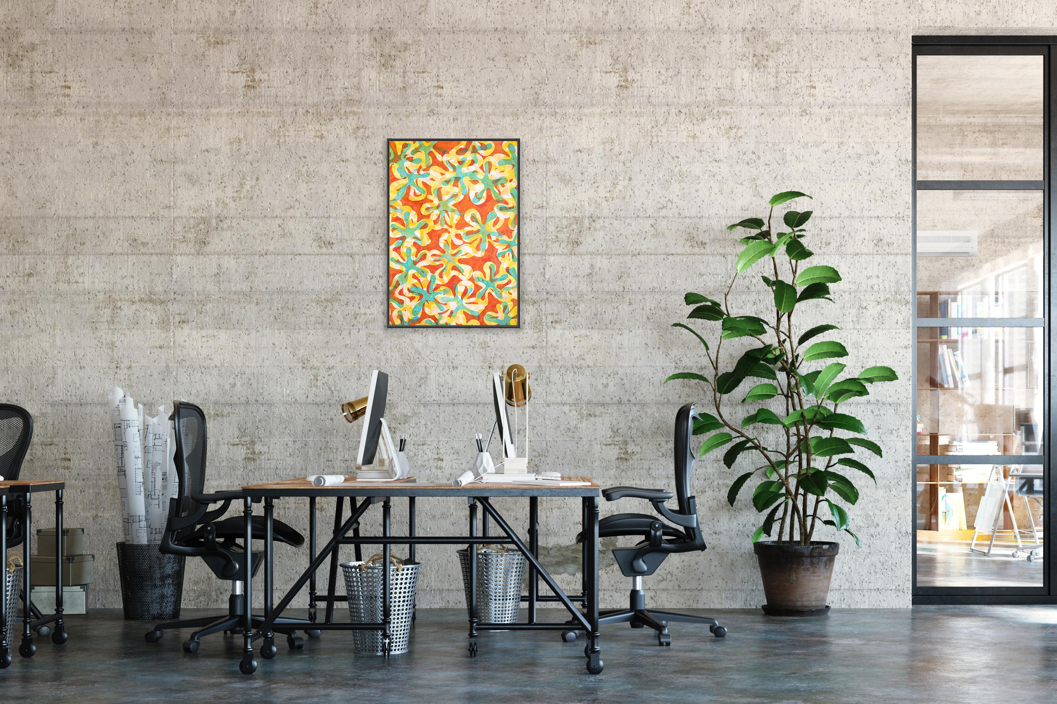 Blossom, Monoprint a tecnica mista su carta, motivi a stella, toni gialli, 2025 in vendita 1