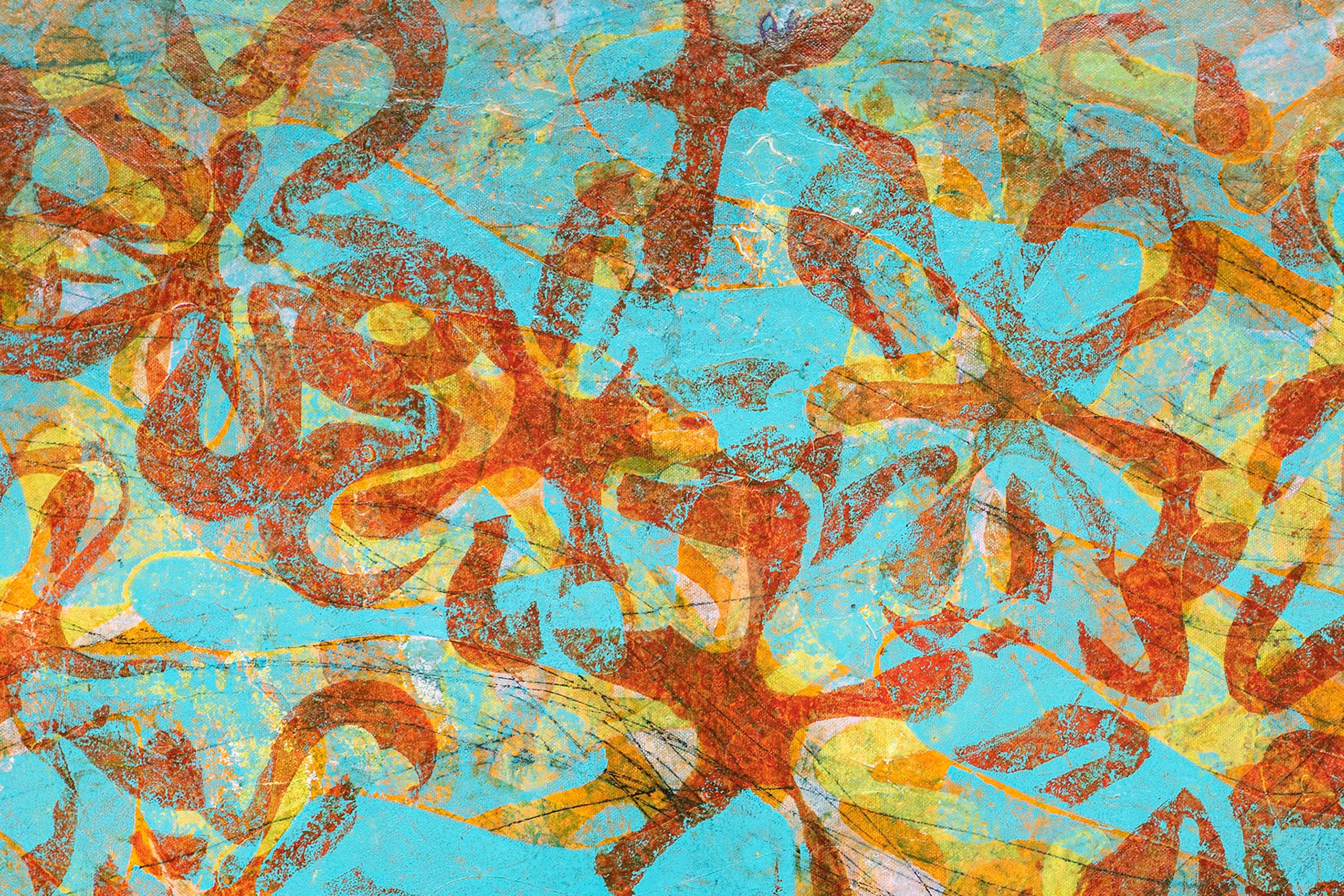 Blossom, monotipo y técnica mixta sobre papel, motivos florales en rojo y azul - Animal Painting Marrón de Enric Servera