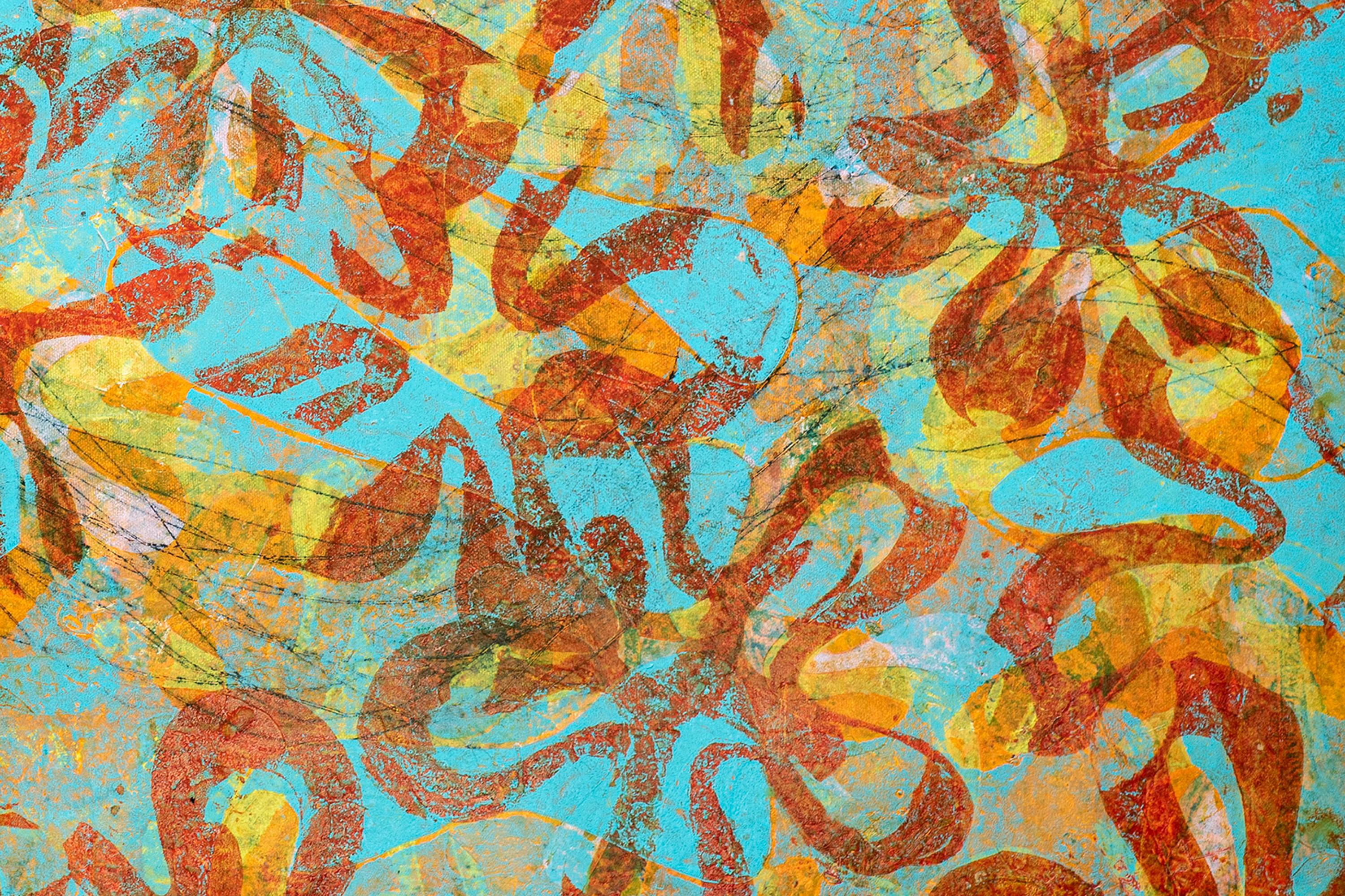 Blossom, monotipo y técnica mixta sobre papel, motivos florales en rojo y azul en venta 2