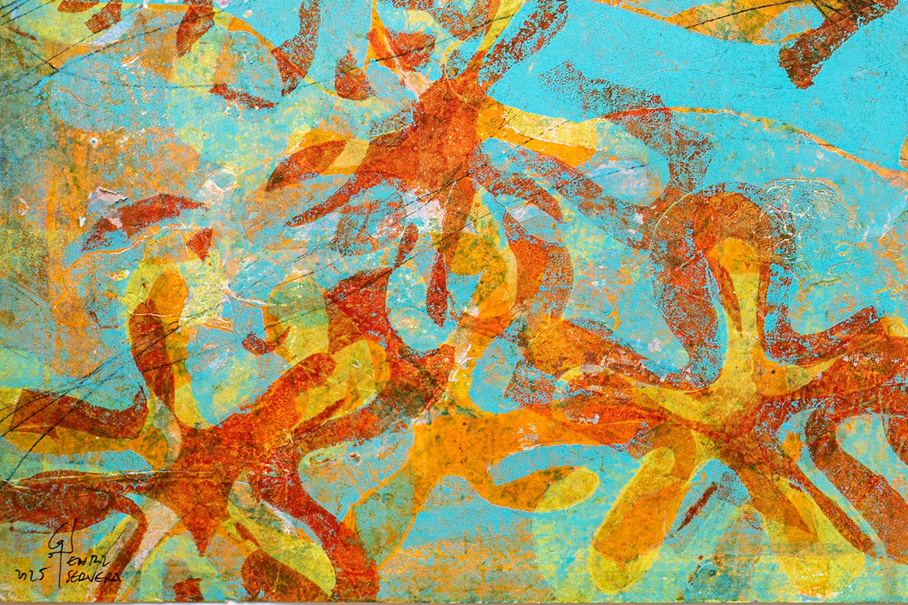 Blossom, monotipo y técnica mixta sobre papel, motivos florales en rojo y azul en venta 3