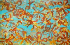 Blossom, Monotype and Mixed Media on Paper, Flowers Patterns in Red and Blue