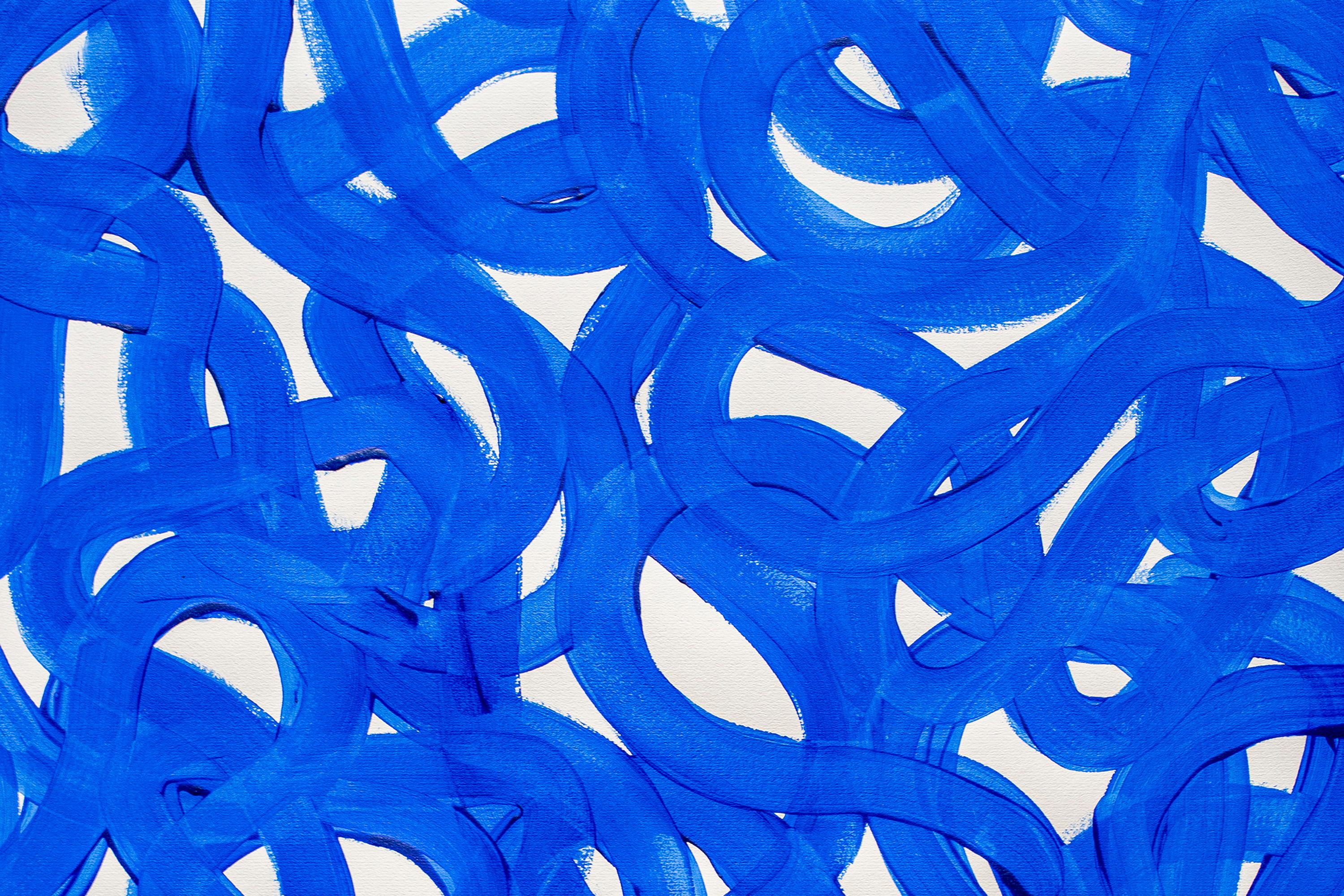 Blue and White Abstract Overlapping Shapes Fish Scribble Gestures, Mediterranean For Sale 1
