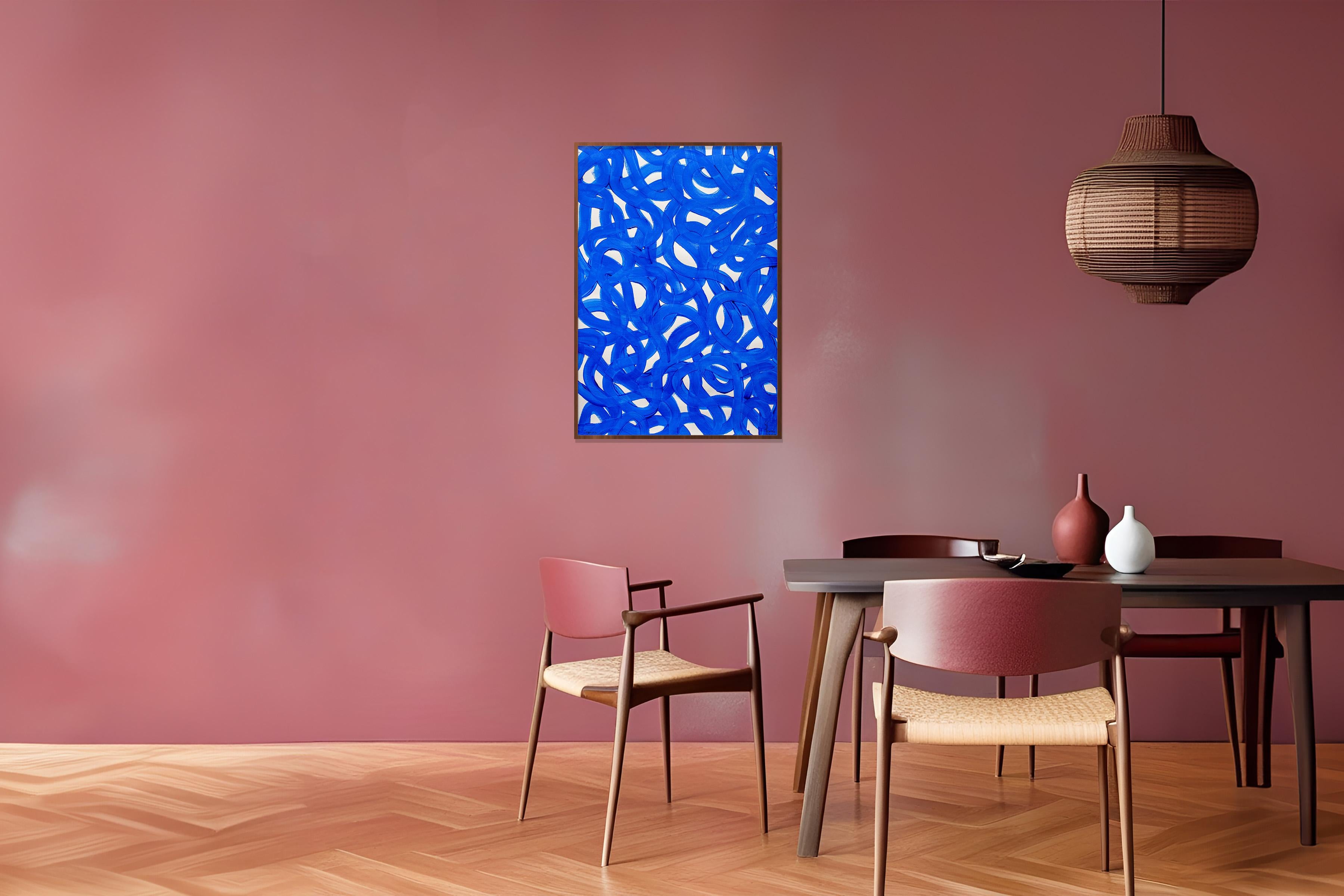 Blue and White Abstract Overlapping Shapes Fish Scribble Gestures, Mediterranean For Sale 2