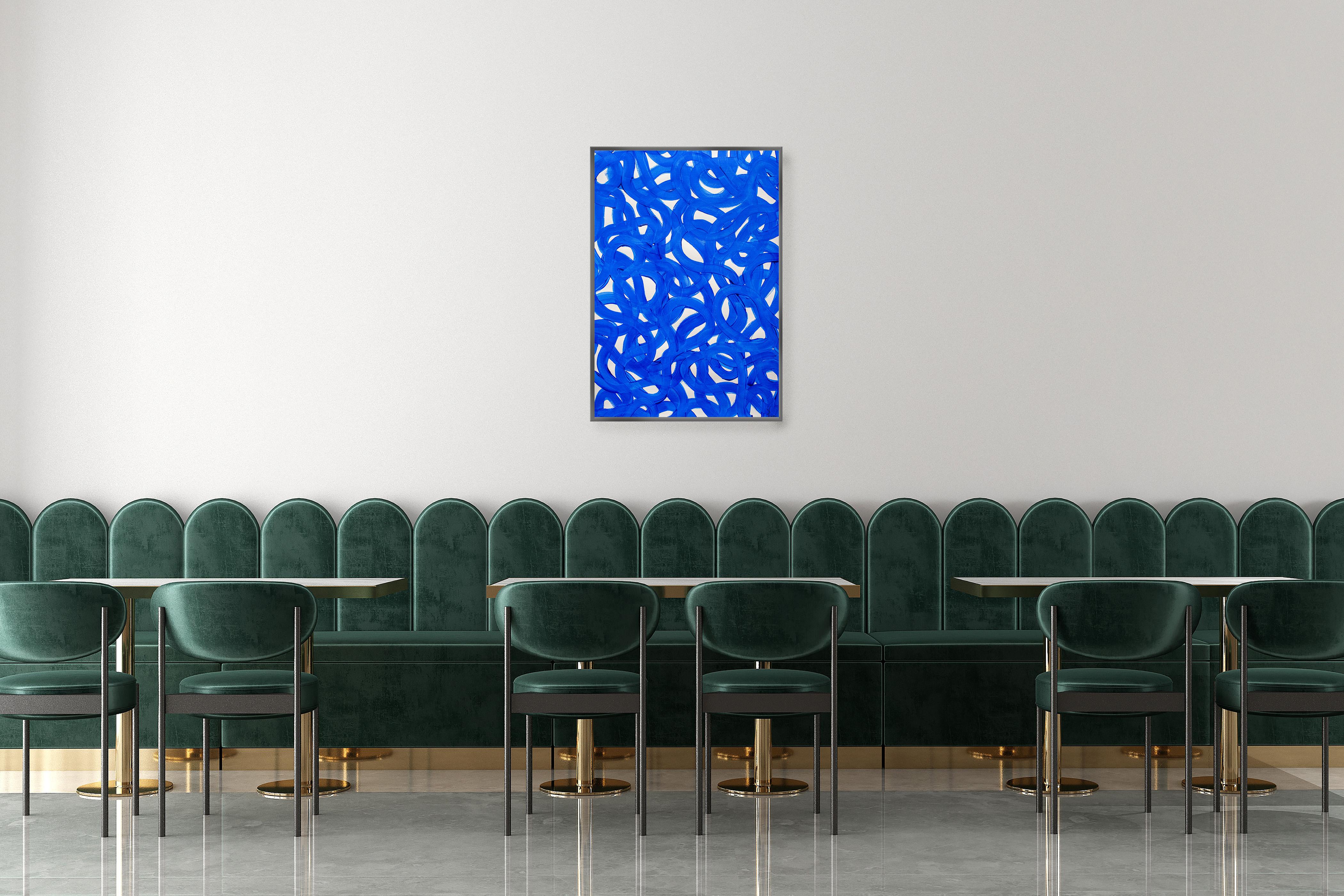Blue and White Abstract Overlapping Shapes Fish Scribble Gestures, Mediterranean For Sale 4