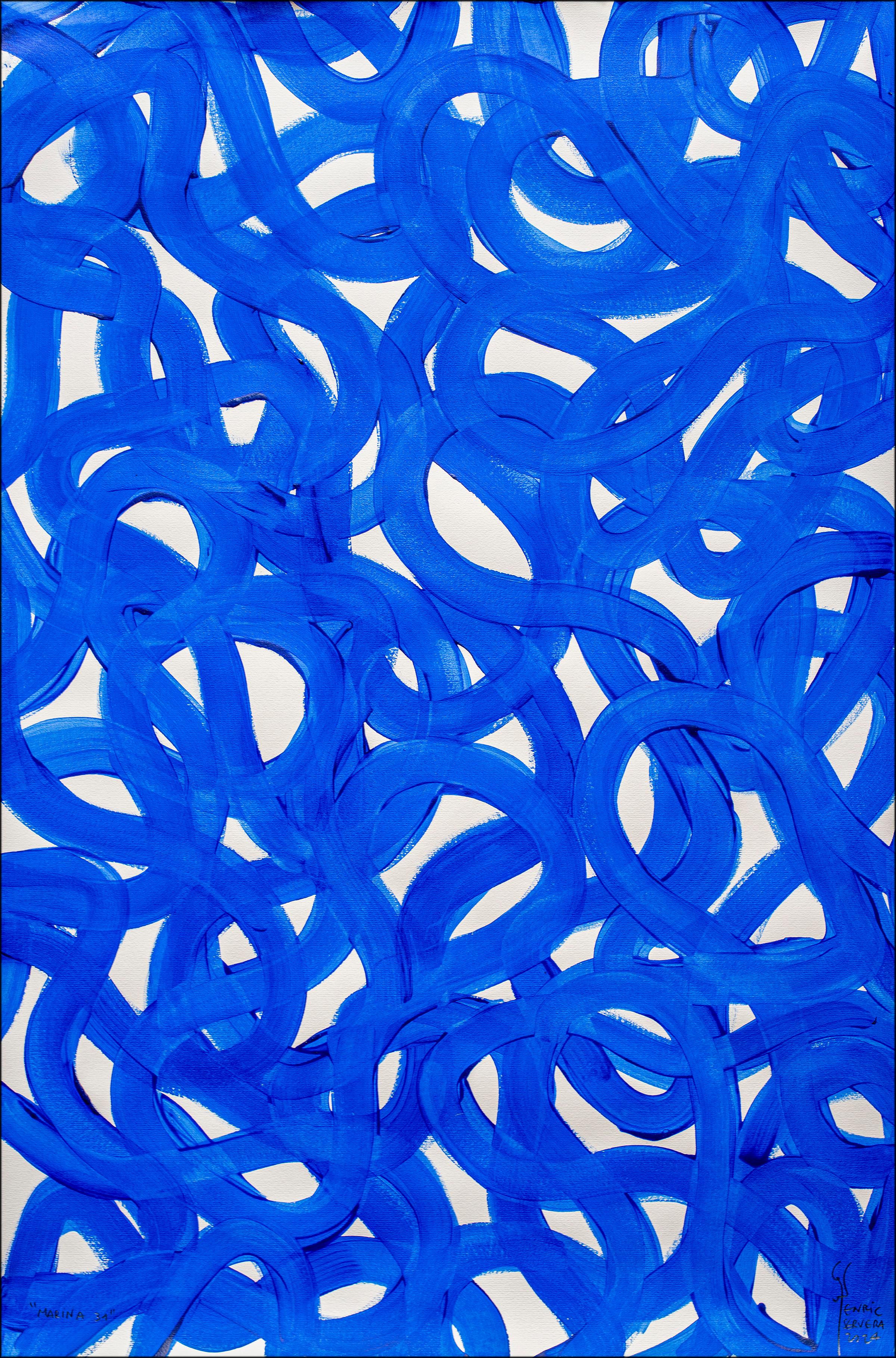 Abstract Painting Enric Servera - Gestures de galets de poissons aux formes superposées, bleu et blanc, Méditerranéen