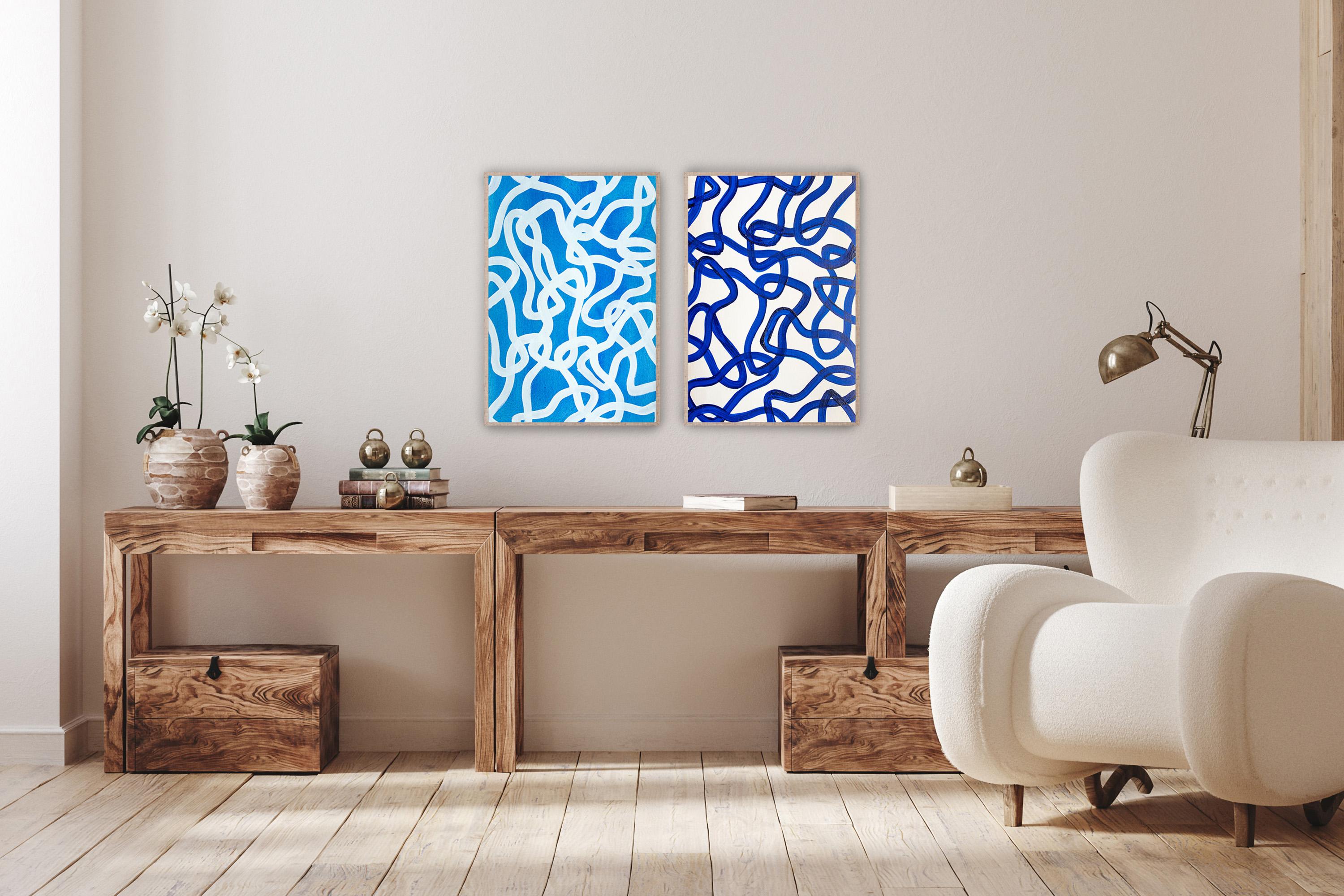 Blue and White Diptych, Overlapping Abstract Fish Gestures, Mediterranean, Salty - Painting by Enric Servera