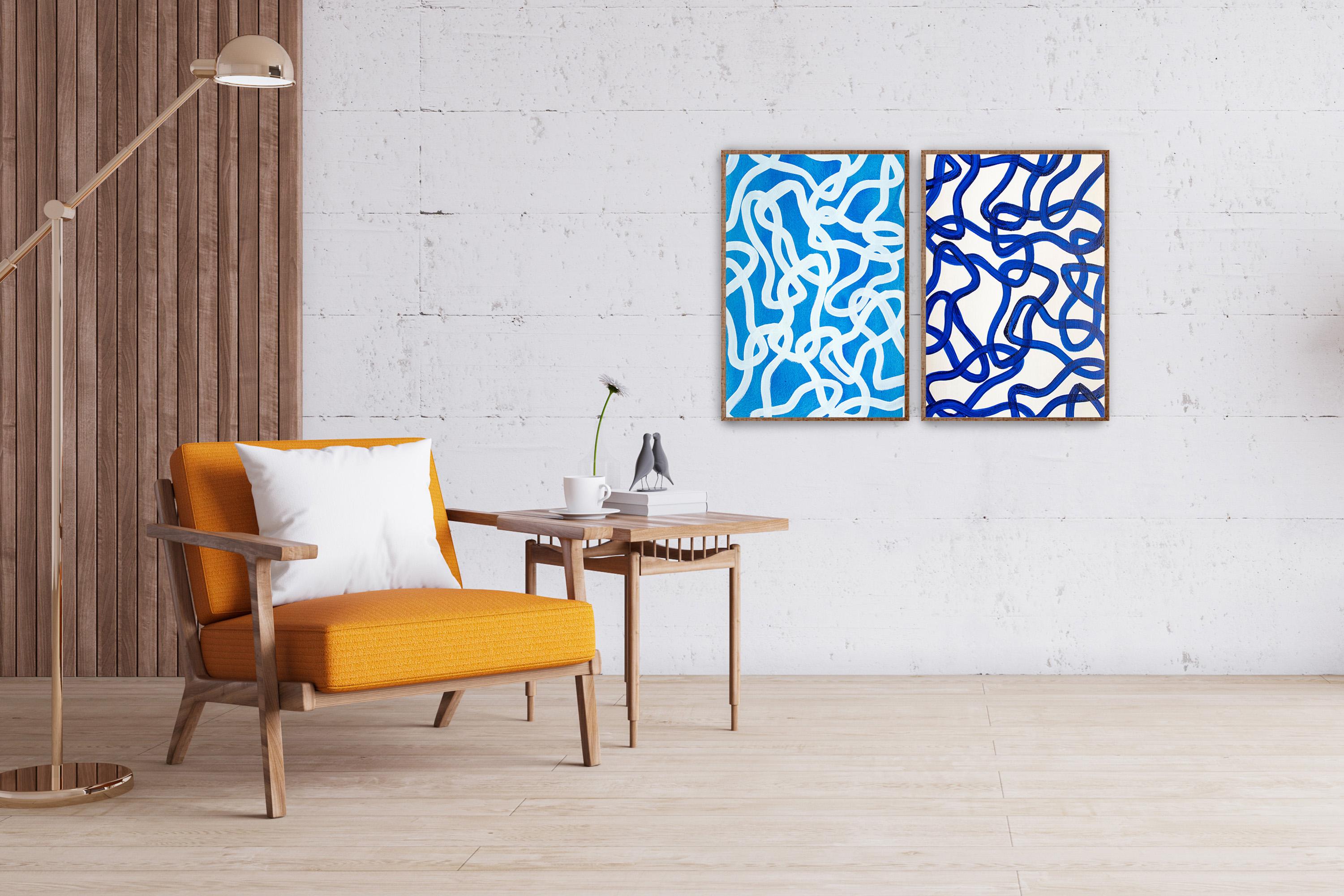 Blue and White Diptych, Overlapping Abstract Fish Gestures, Mediterranean, Salty - Gray Abstract Painting by Enric Servera