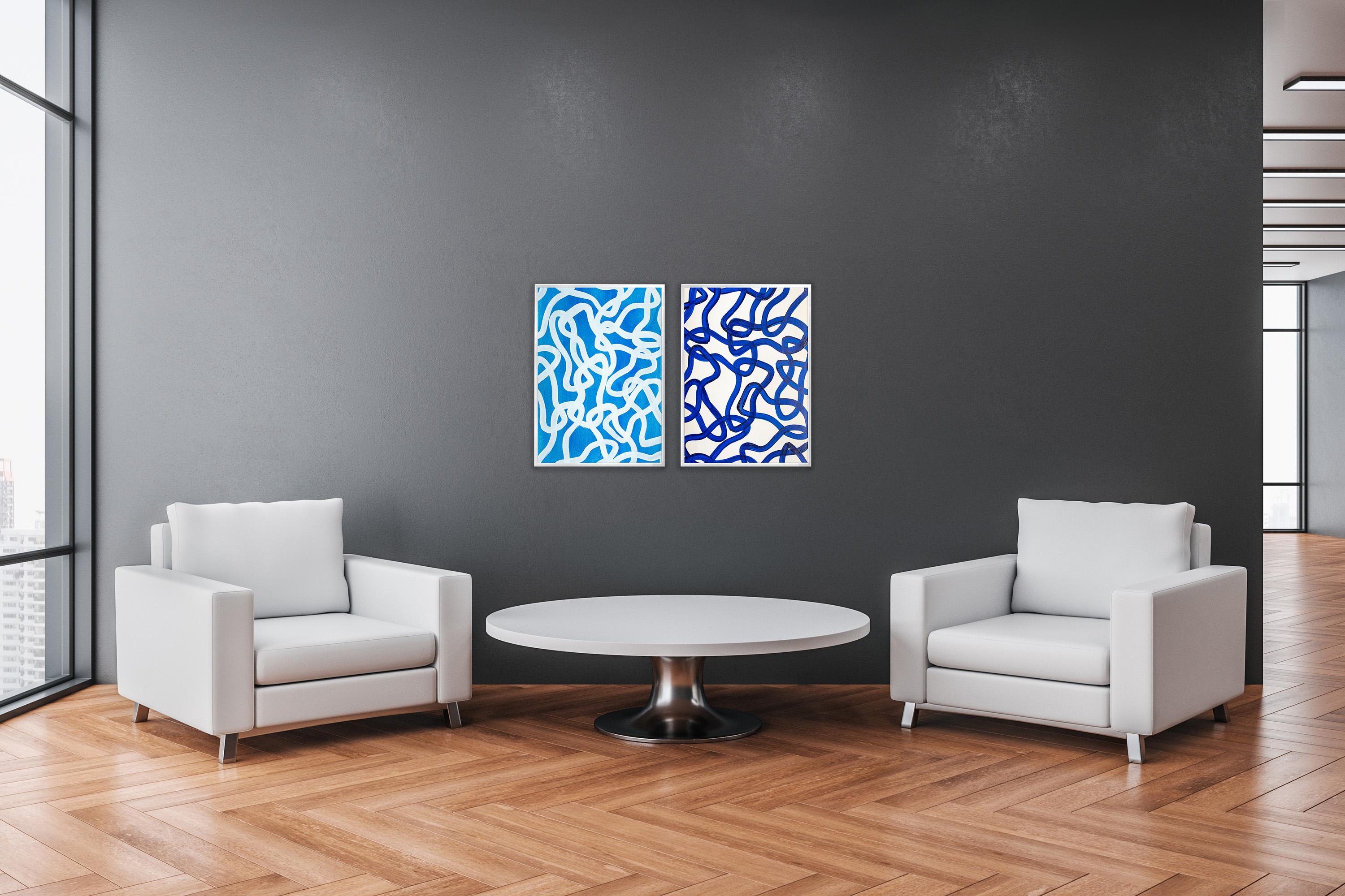 Blue and White Diptych, Overlapping Abstract Fish Gestures, Mediterranean, Salty 1