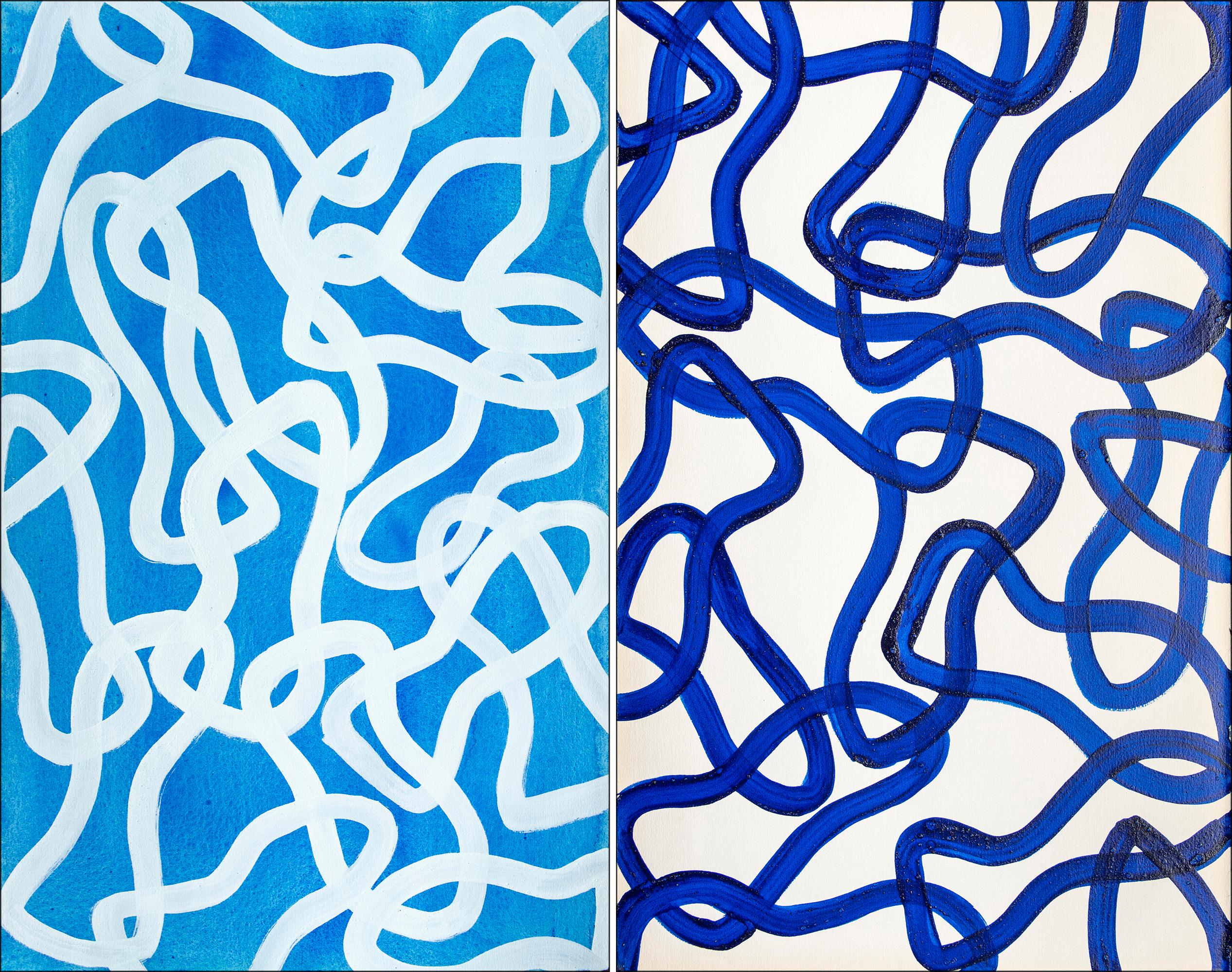 Enric Servera Abstract Painting - Blue and White Diptych, Overlapping Abstract Fish Gestures, Mediterranean, Salty