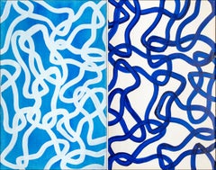 Blue and White Diptych, Overlapping Abstract Fish Gestures, Mediterranean, Salty