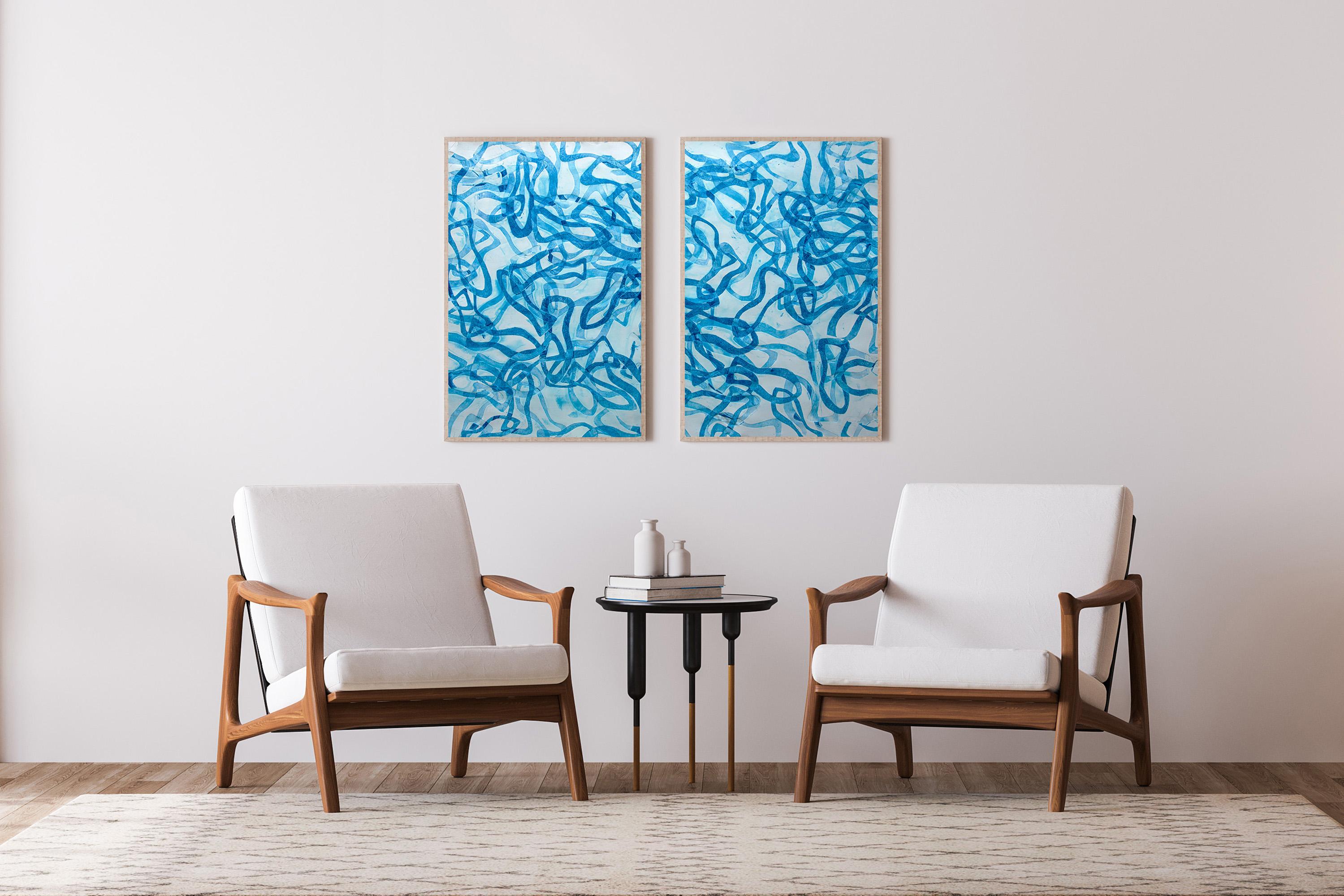 Blue of Blues, Abstract Fish Shapes Diptych, Overlapping Forms, Mediterranean - Painting by Enric Servera