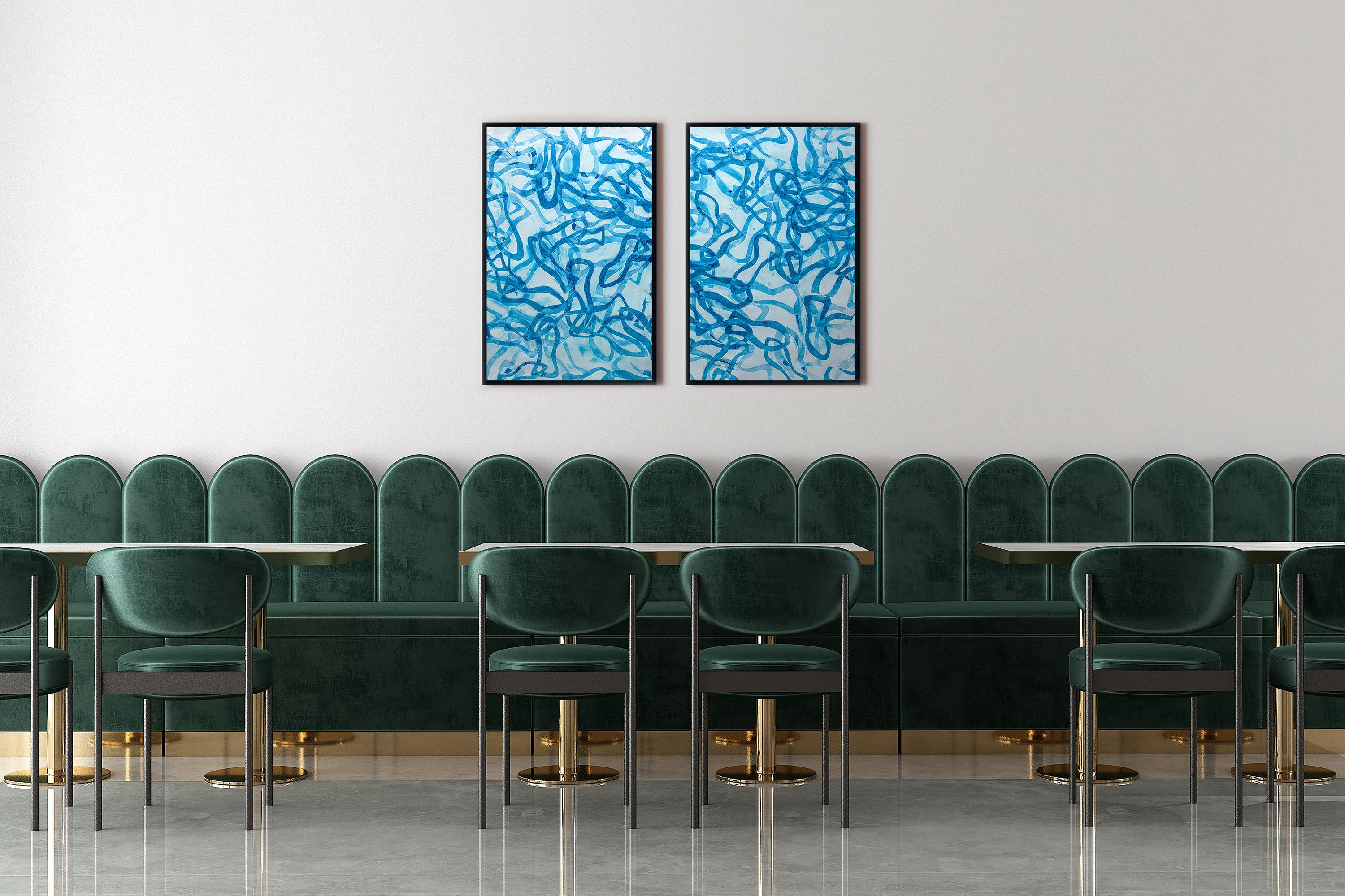 Blue of Blues, Abstract Fish Shapes Diptych, Overlapping Forms, Mediterranean For Sale 4
