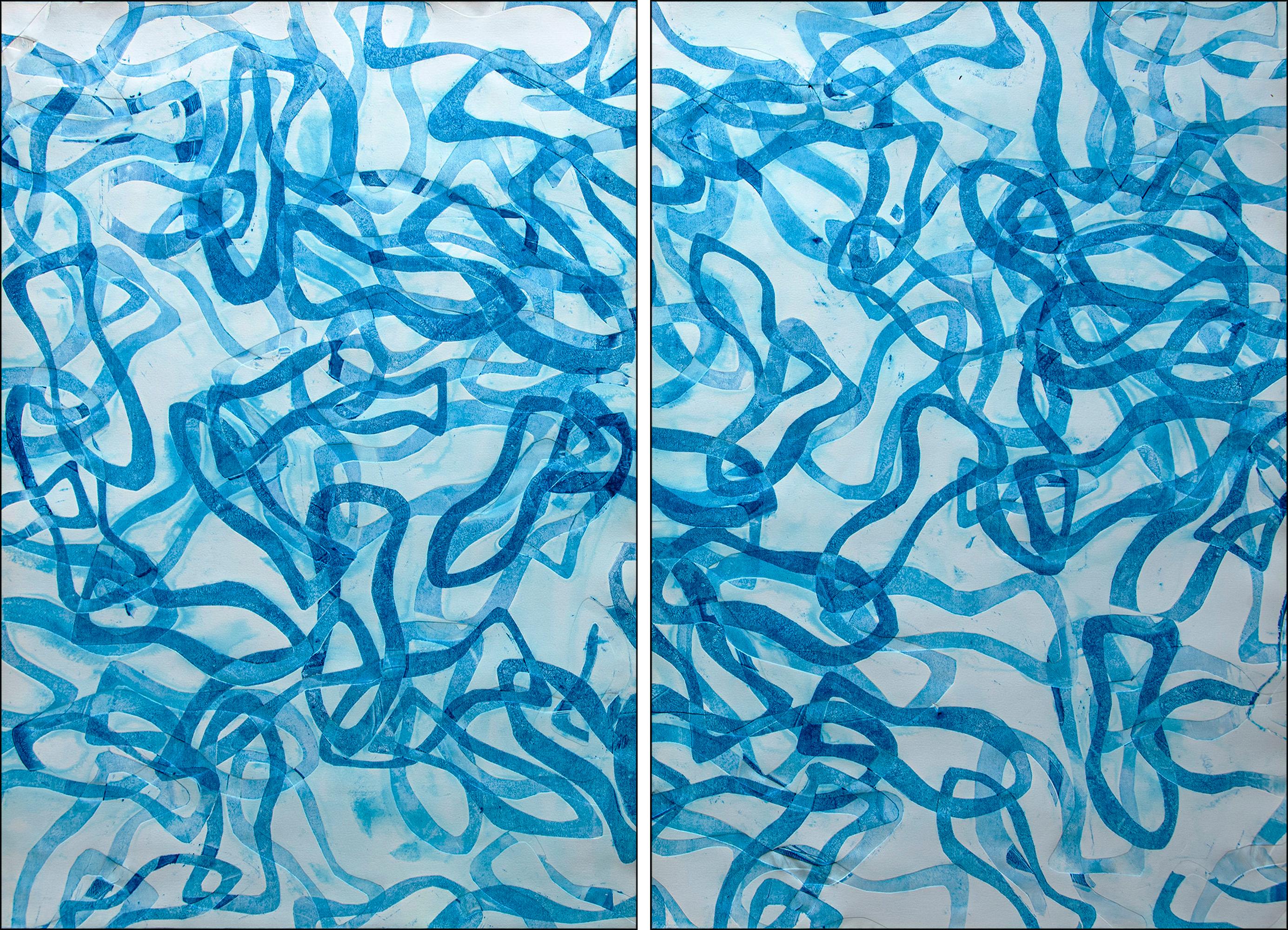 Enric Servera Animal Painting - Blue of Blues, Abstract Fish Shapes Diptych, Overlapping Forms, Mediterranean