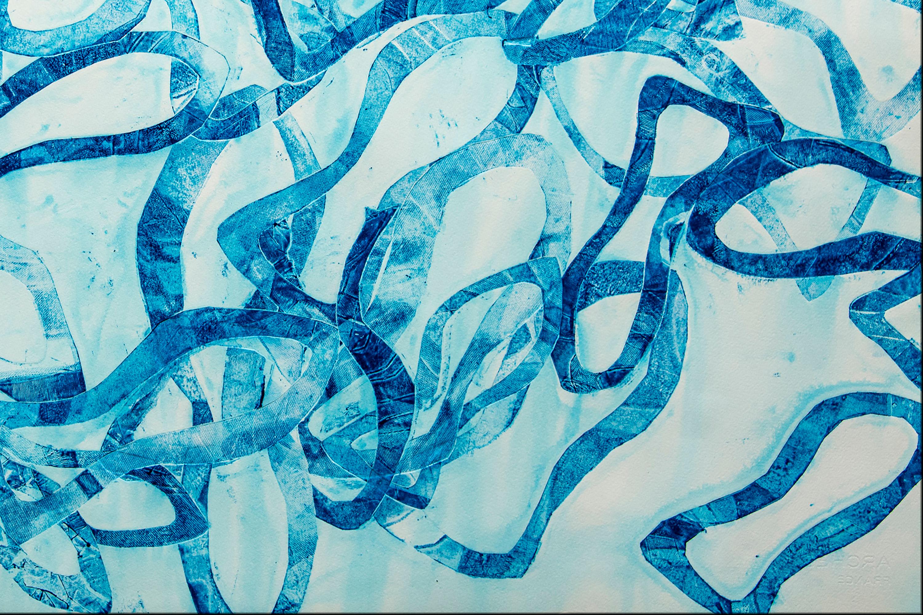 Blu dei blu, forme astratte di pesce su carta, sovrapposizione di forme, Mediterraneo in vendita 3