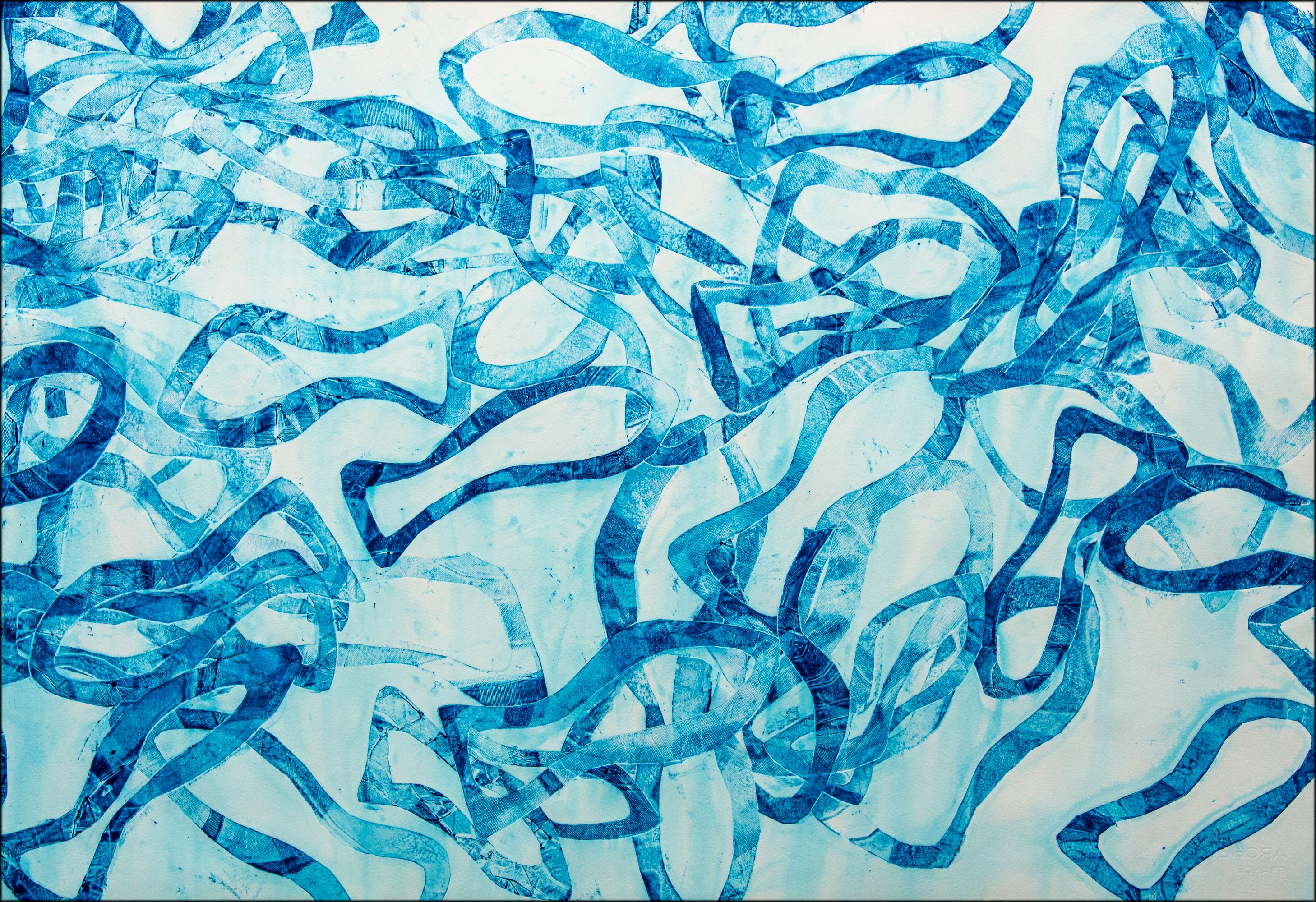 Blue of Blues, formes abstraites de poissons sur papier, formes superposées, Méditerranée