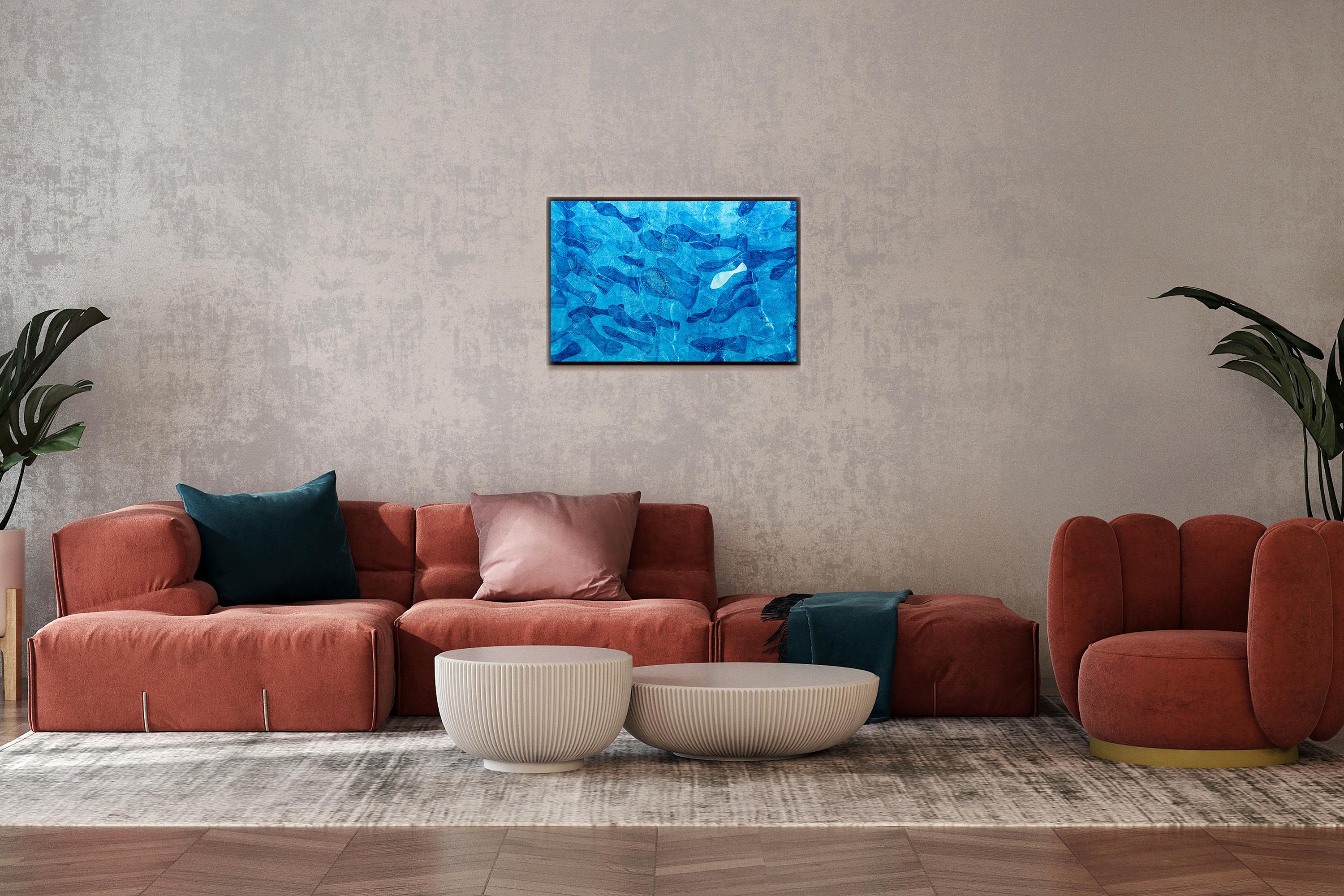 Blue Tones, Abstract Figurative Painting of  Fish Patterns, Seascape on Paper  For Sale 1