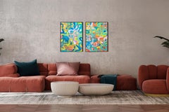 Chromatic Shoal, Gestual Fluid Fish Patterns in Tropical Tones, Large Diptych