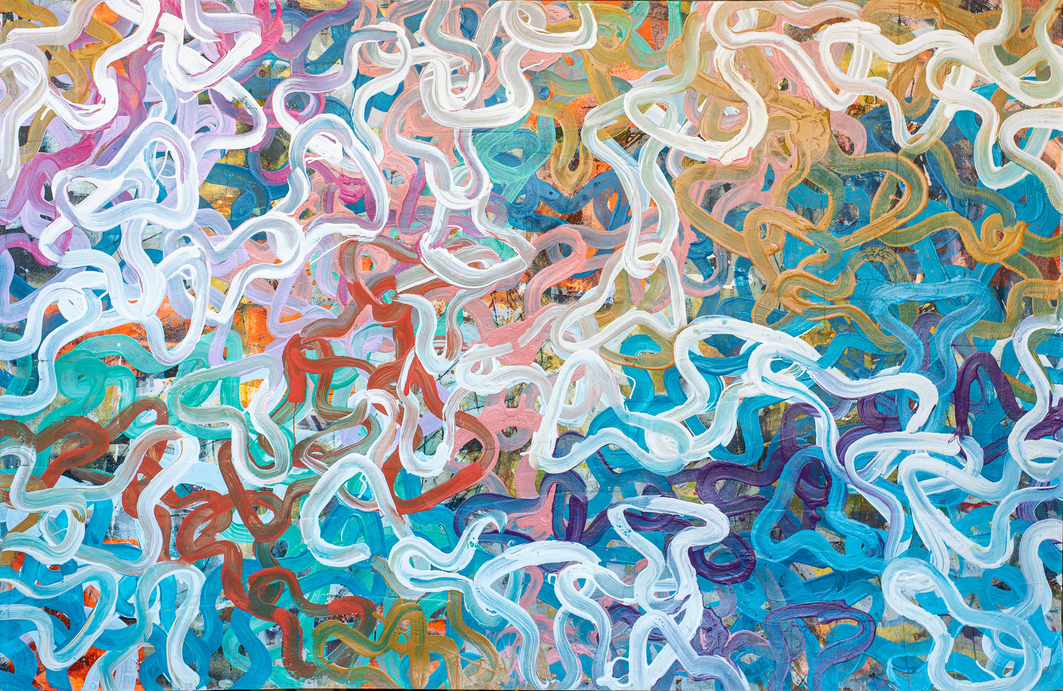 Enric Servera Abstract Painting - Deep Shoal, Colorful Seascape Painting, Pink, Blue, Abstract Gestures Fish Shape