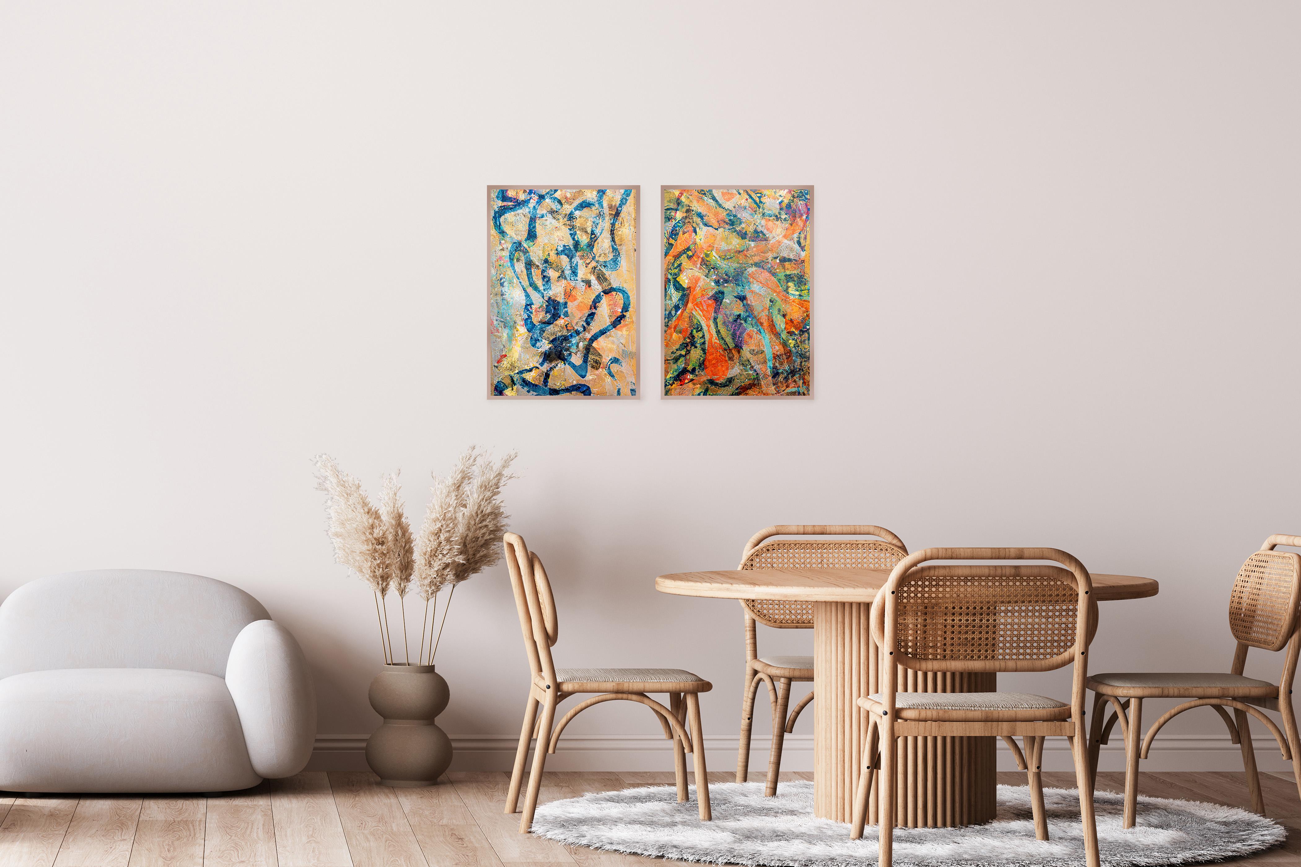 Gold and Silver Sea, Abstract vs Figurative Diptych, Modern Seascape, Patterns - Beige Abstract Painting by Enric Servera