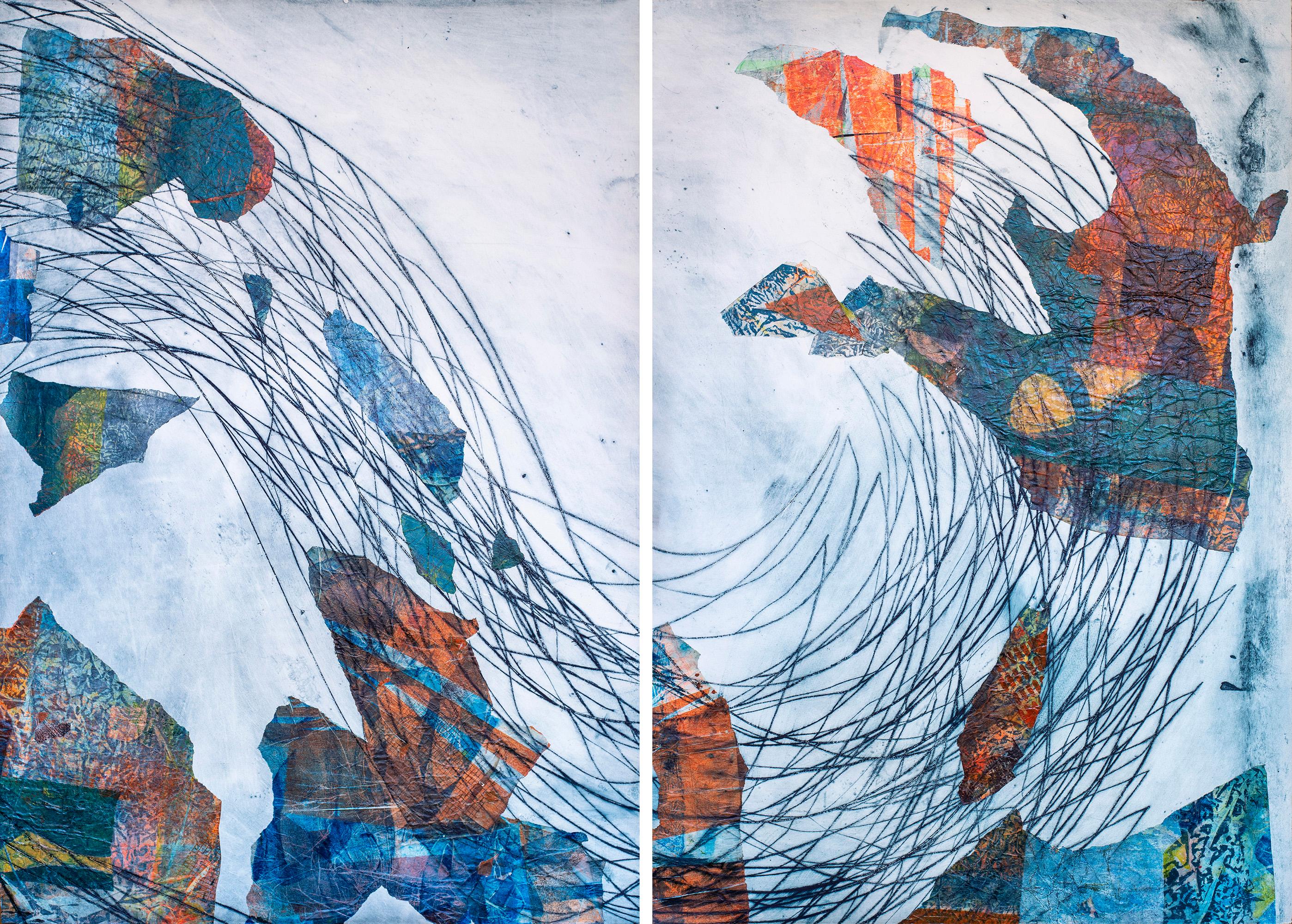 Enric Servera Abstract Painting - Into the Wave, Large Ocean Diptych, Abstract Fishing Net, Mixed Media on Paper