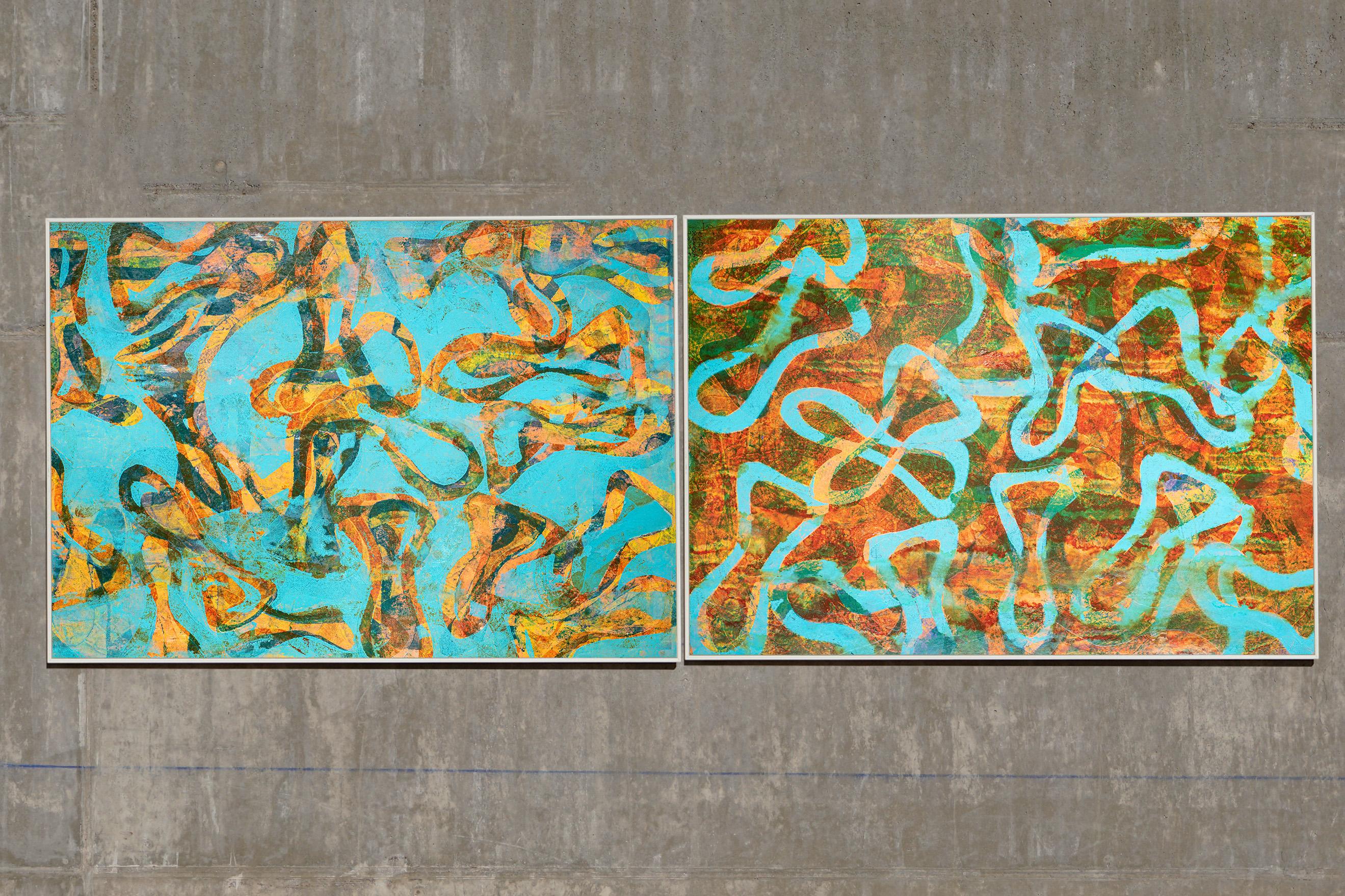 Mer joyeuse, paysage marin abstrait, diptyque horizontal, papier, motif de poisson turquoise - Painting de Enric Servera