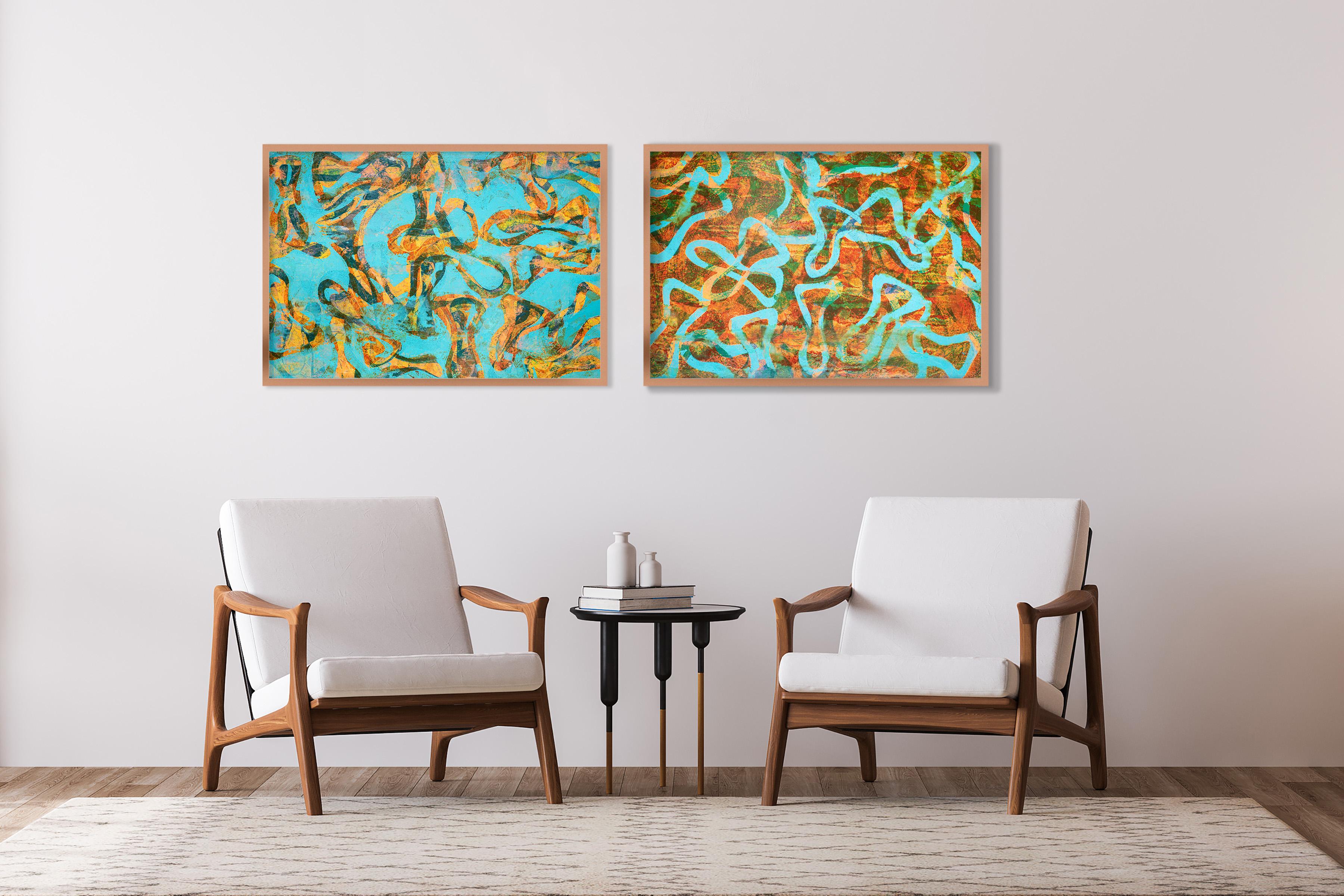 Mer joyeuse, paysage marin abstrait, diptyque horizontal, papier, motif de poisson turquoise - Impressionnisme abstrait Painting par Enric Servera