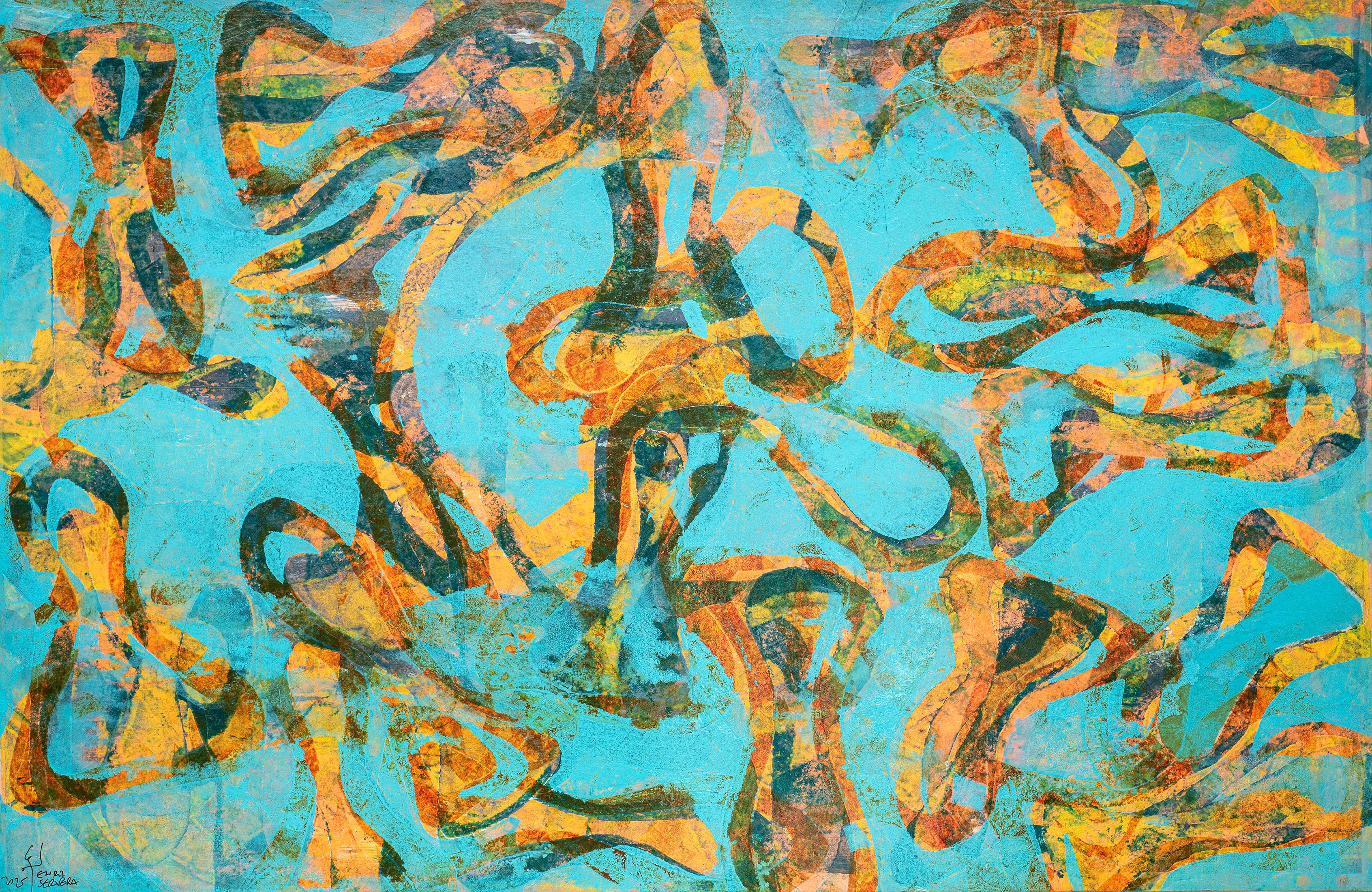 Mer joyeuse, paysage marin abstrait, diptyque horizontal, papier, motif de poisson turquoise - Marron Still-Life Painting par Enric Servera