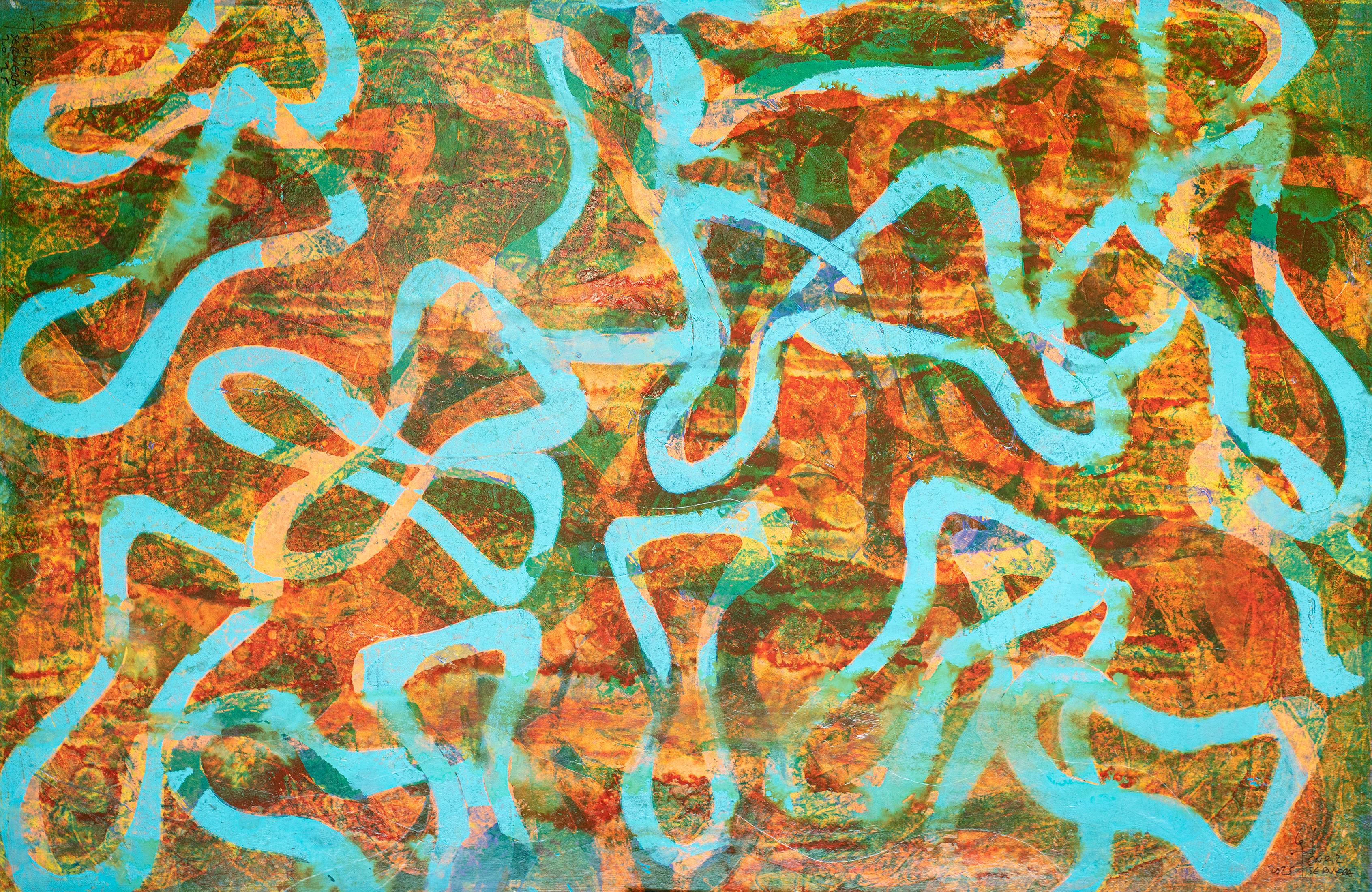 Mer joyeuse, paysage marin abstrait, diptyque horizontal, papier, motif de poisson turquoise en vente 1