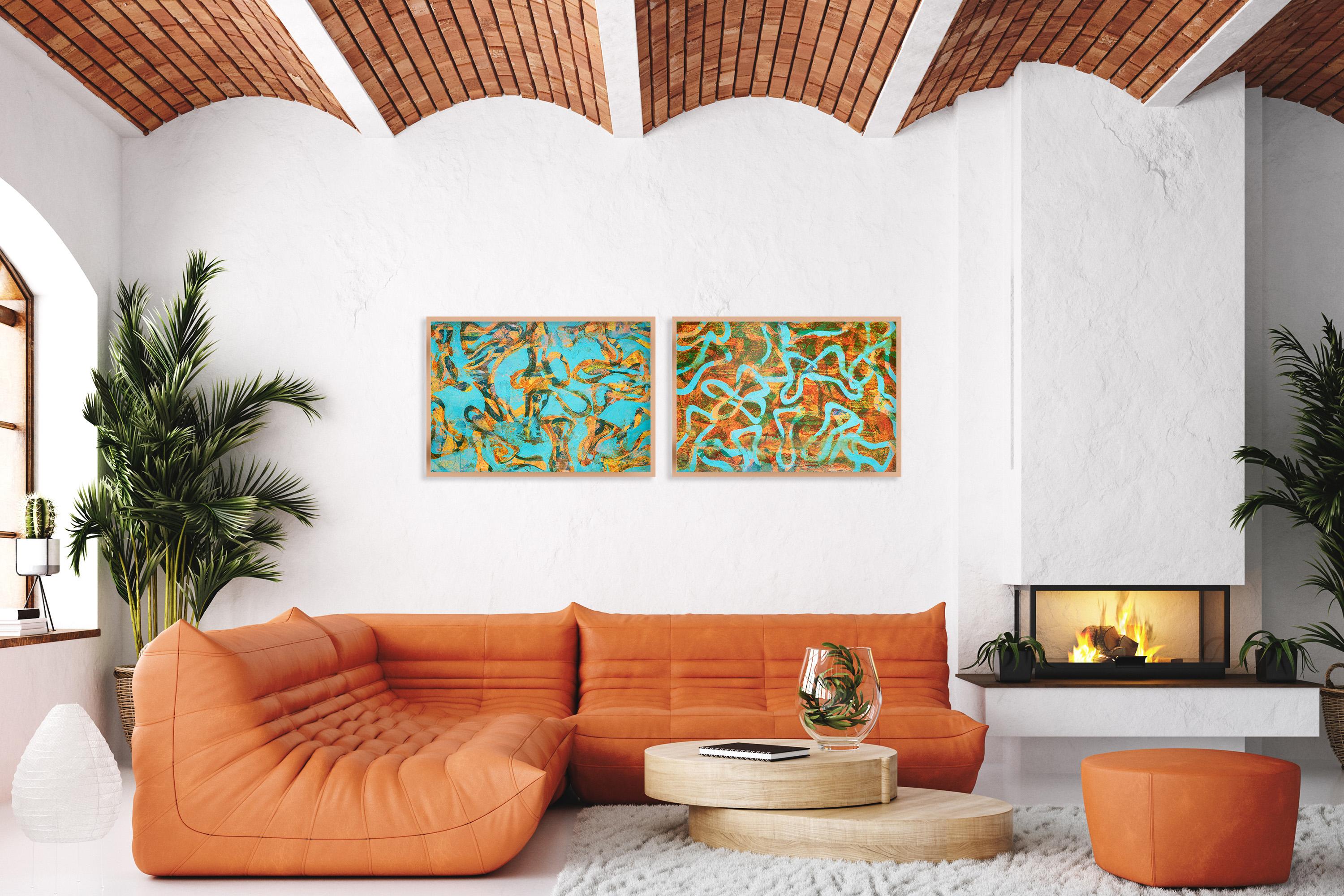 Mer joyeuse, paysage marin abstrait, diptyque horizontal, papier, motif de poisson turquoise en vente 2