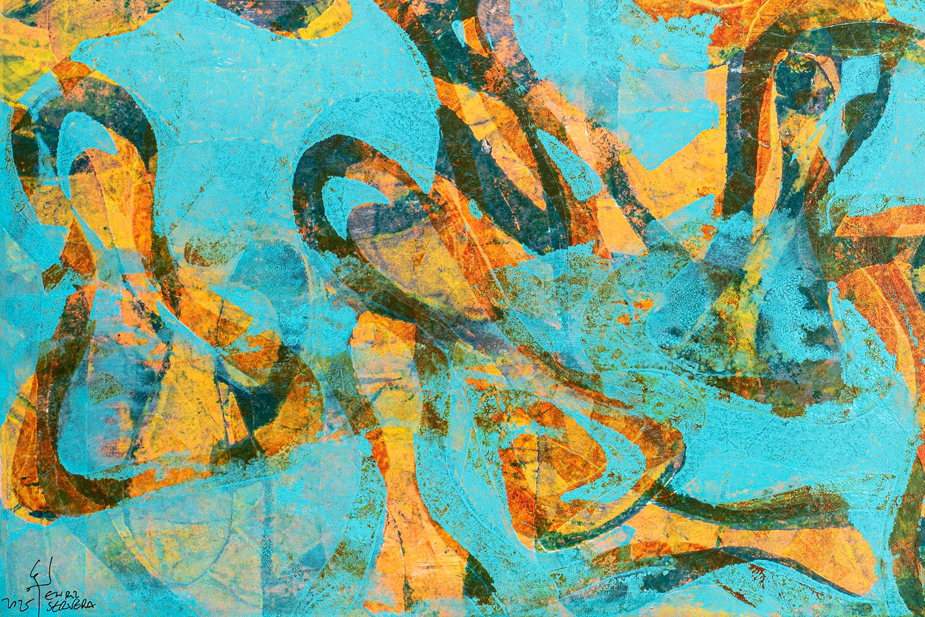 Mer joyeuse, paysage marin abstrait, diptyque horizontal, papier, motif de poisson turquoise en vente 3