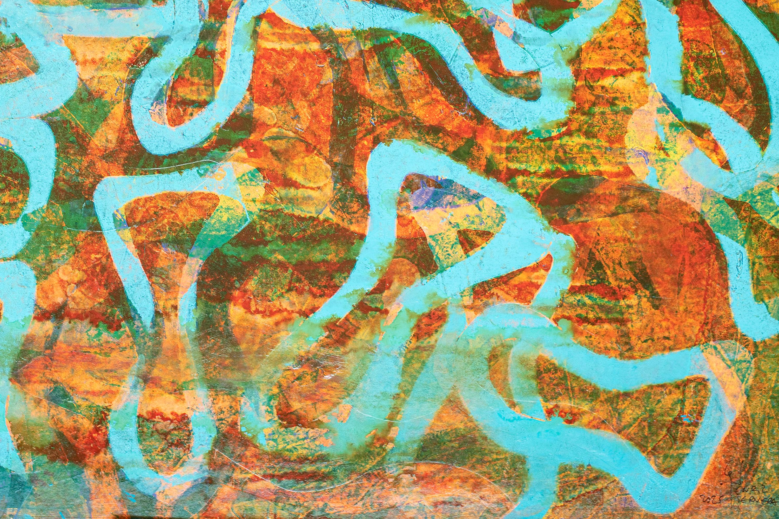 Mer joyeuse, paysage marin abstrait, diptyque horizontal, papier, motif de poisson turquoise en vente 4