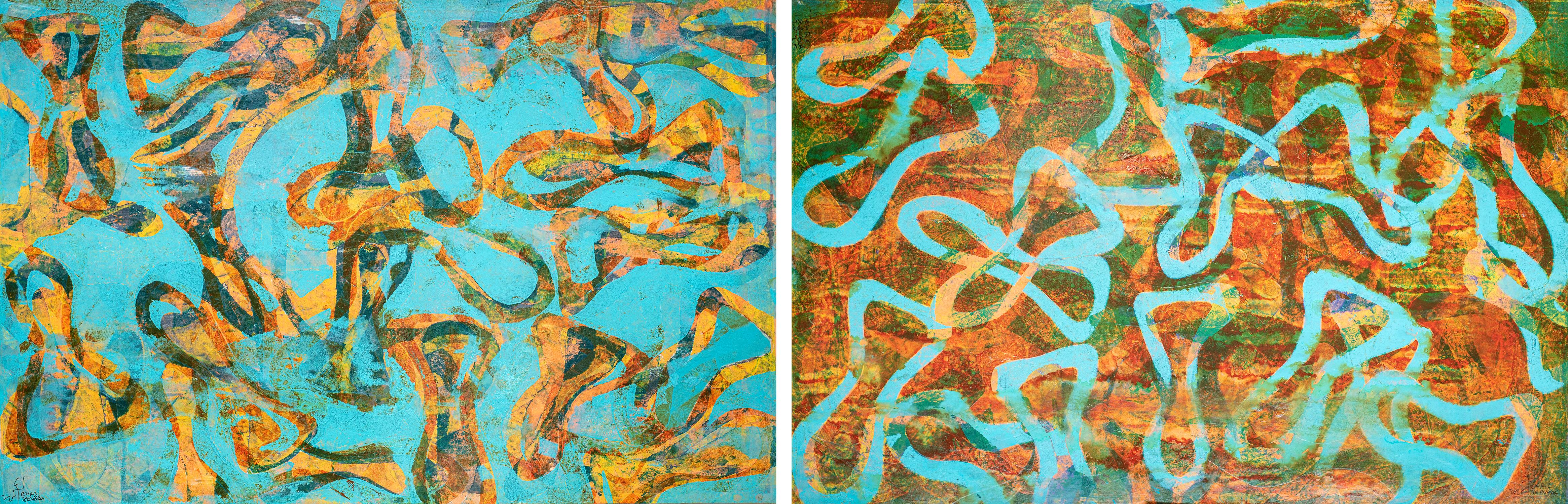 Mar Alegre, Paisaje Marino Abstracto, Díptico Horizontal, Papel, Patrón de Peces Turquesa