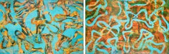 Mar Alegre, Paisaje Marino Abstracto, Díptico Horizontal, Papel, Patrón de Peces Turquesa