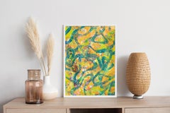 Joyous Sea, Abstract Seascape Painting in Yellow and Green, School of Fish Forms