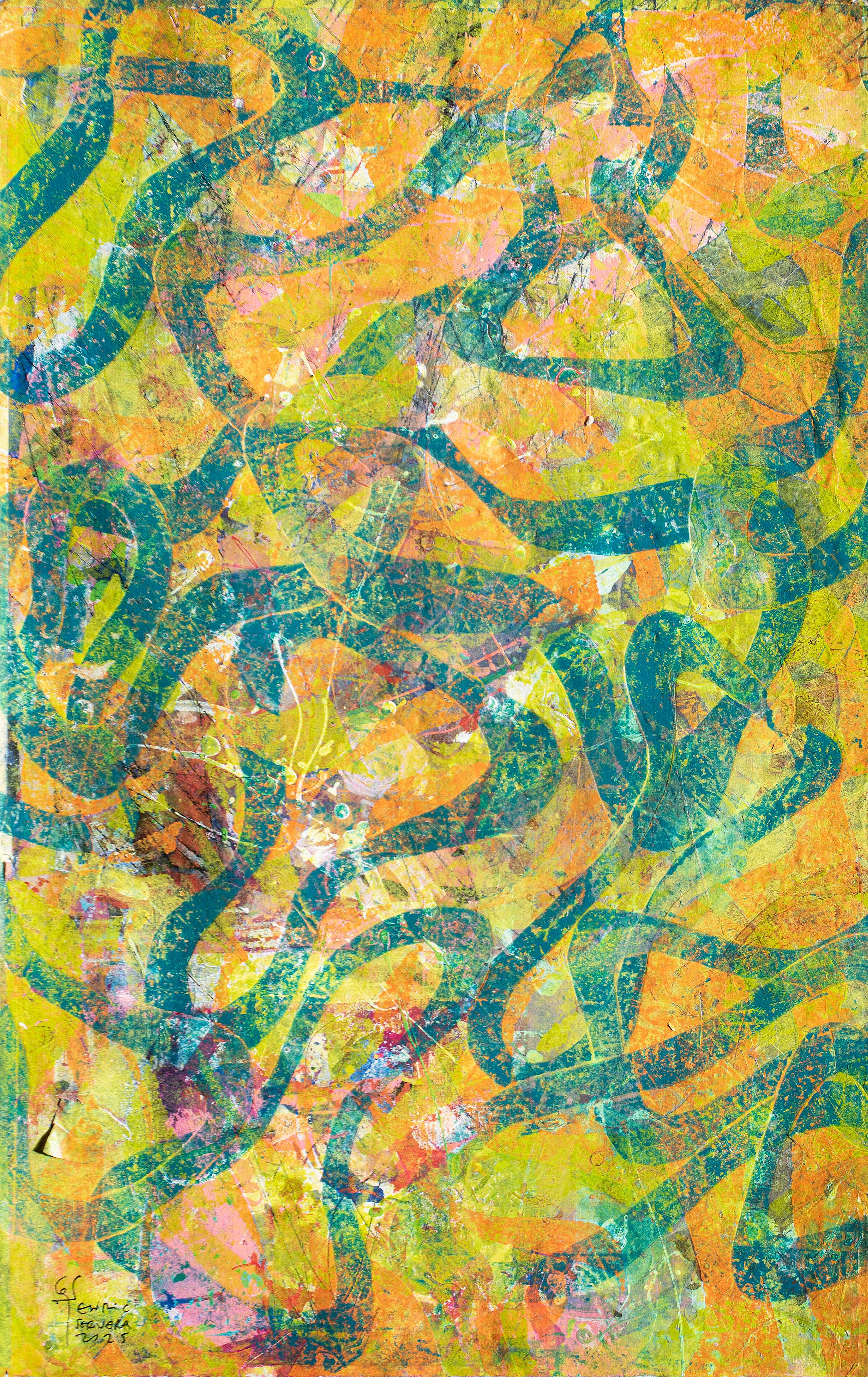 Joyous Sea, Abstract Seascape Painting in Yellow and Green, School of Fish Forms