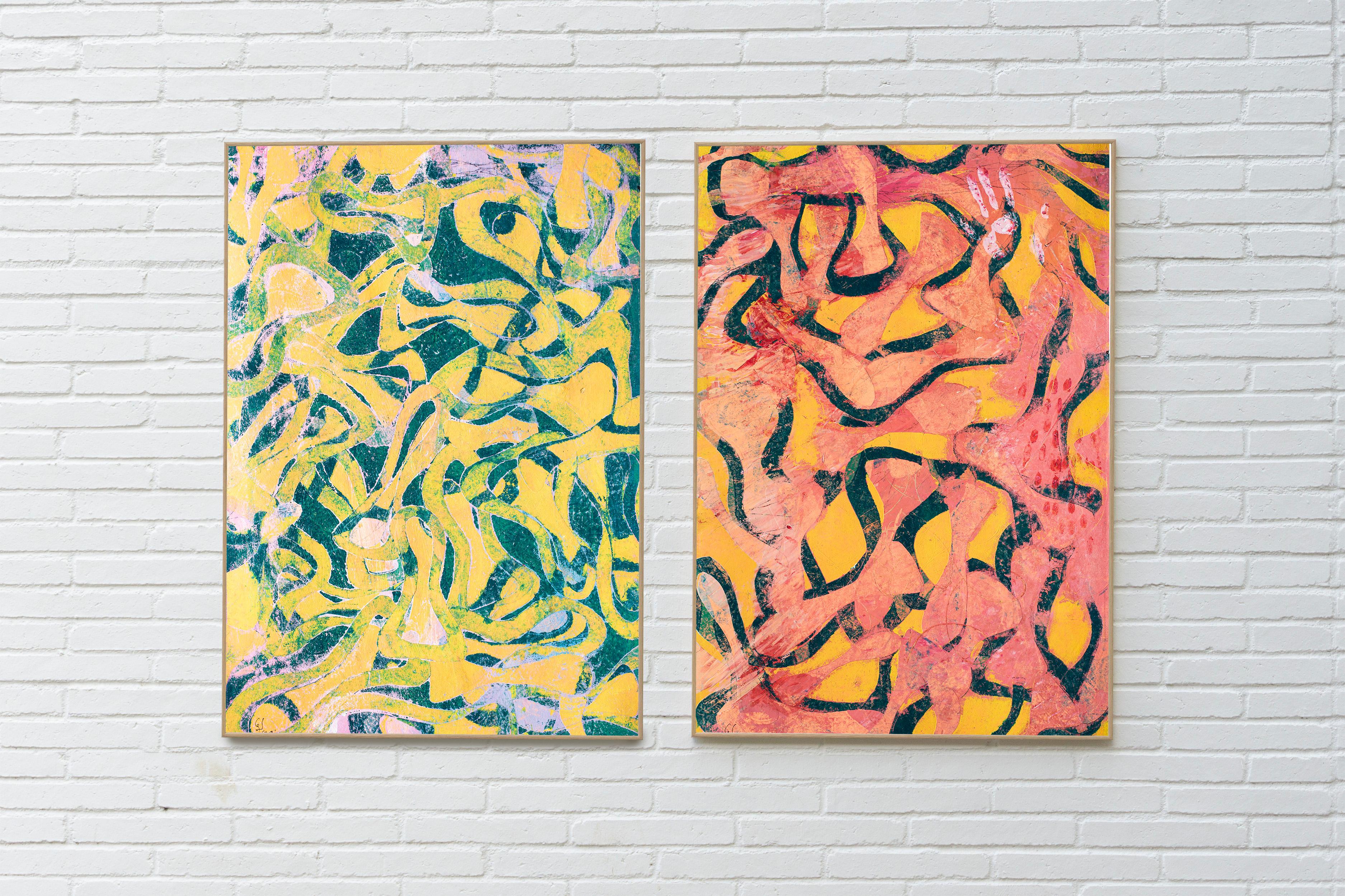 Joyous Sea, Einzigartige Monotypie auf Papier, Abstraktes Meereslandschafts- Diptychon in warmen Tönen – Painting von Enric Servera
