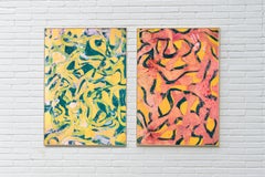 Joyous Sea, Unique Monotype on paper, Abstract Seascape Diptych in Warm Tones