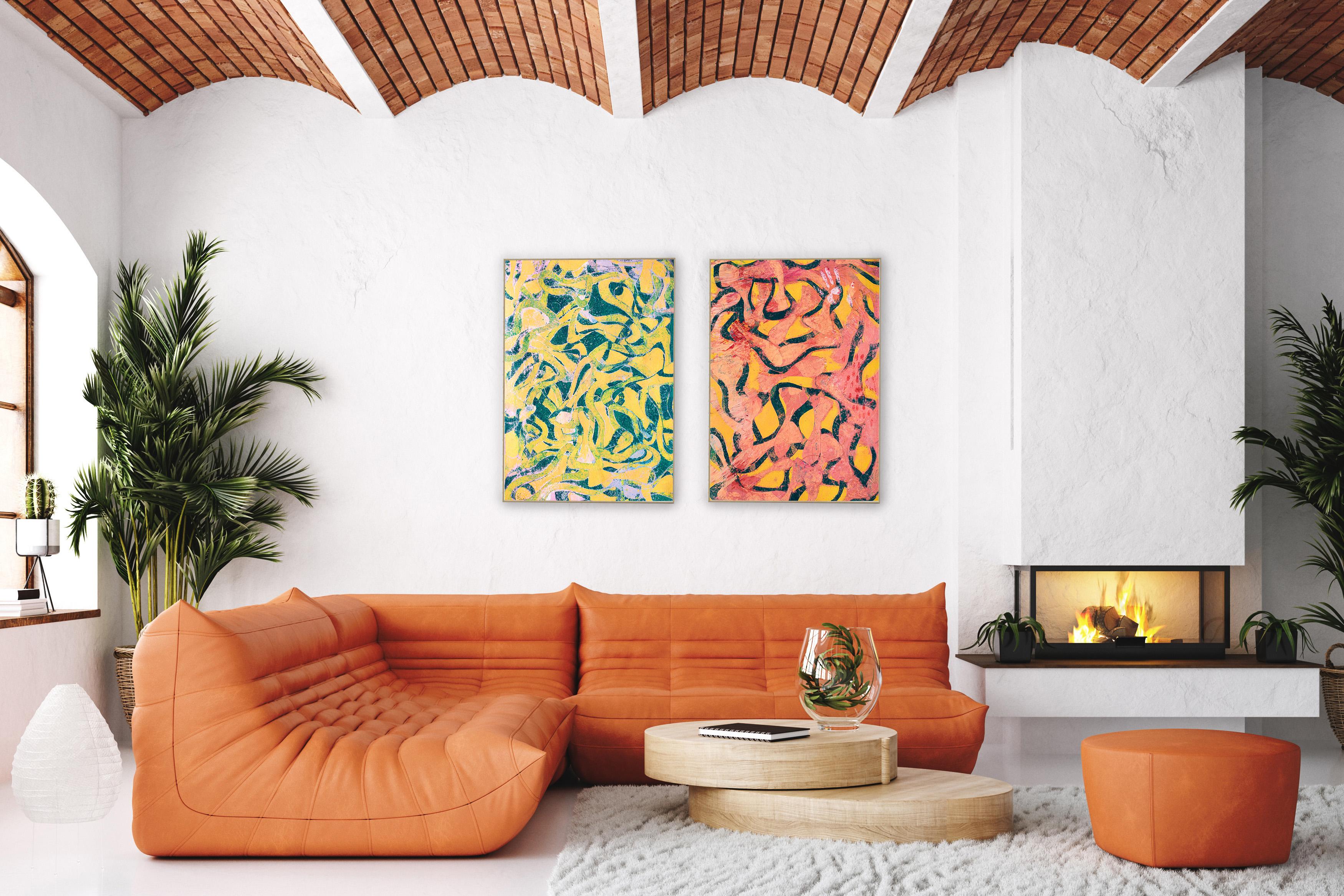 Joyous Sea, Einzigartige Monotypie auf Papier, Abstraktes Meereslandschafts- Diptychon in warmen Tönen im Angebot 1