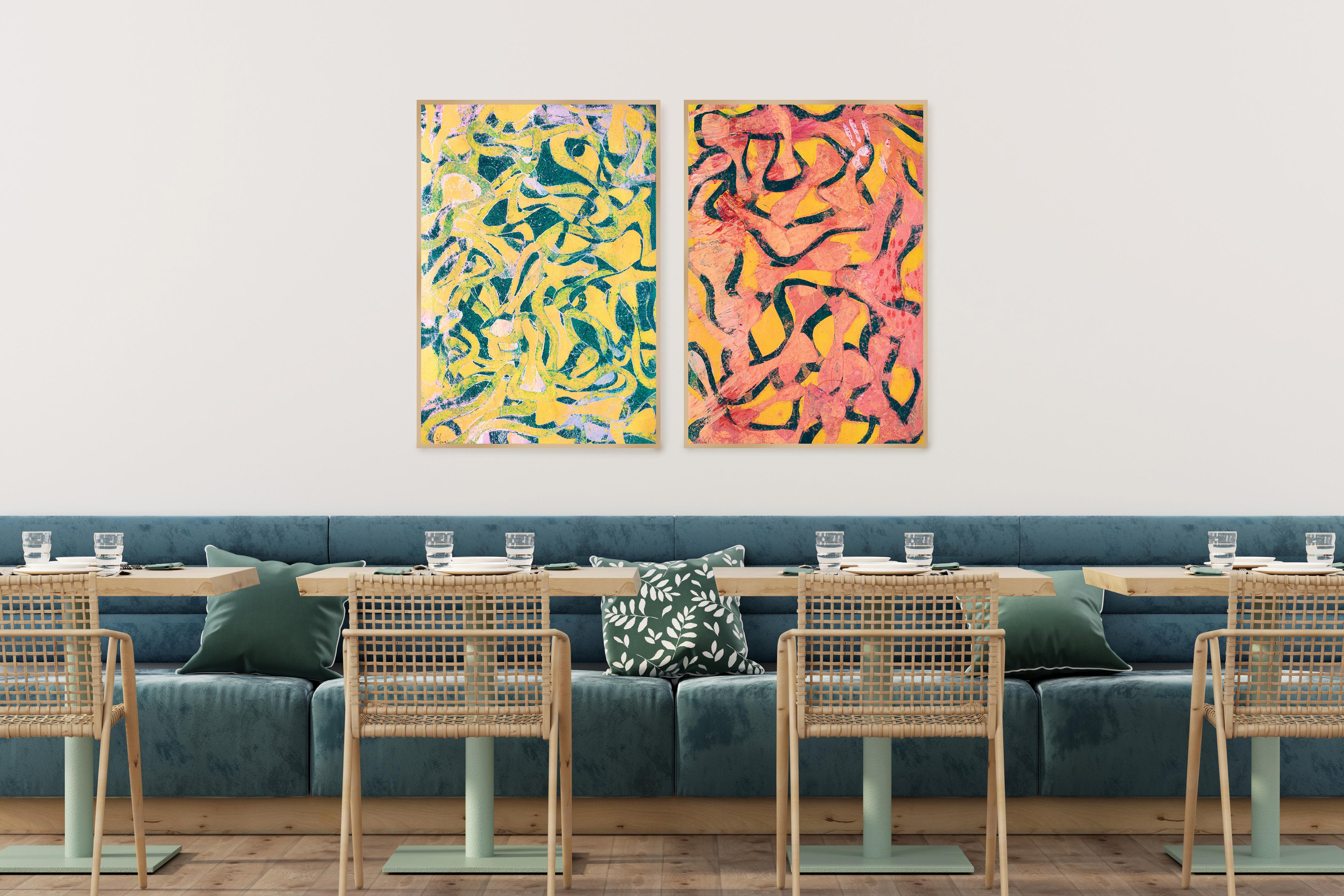 Joyous Sea, Einzigartige Monotypie auf Papier, Abstraktes Meereslandschafts- Diptychon in warmen Tönen im Angebot 2
