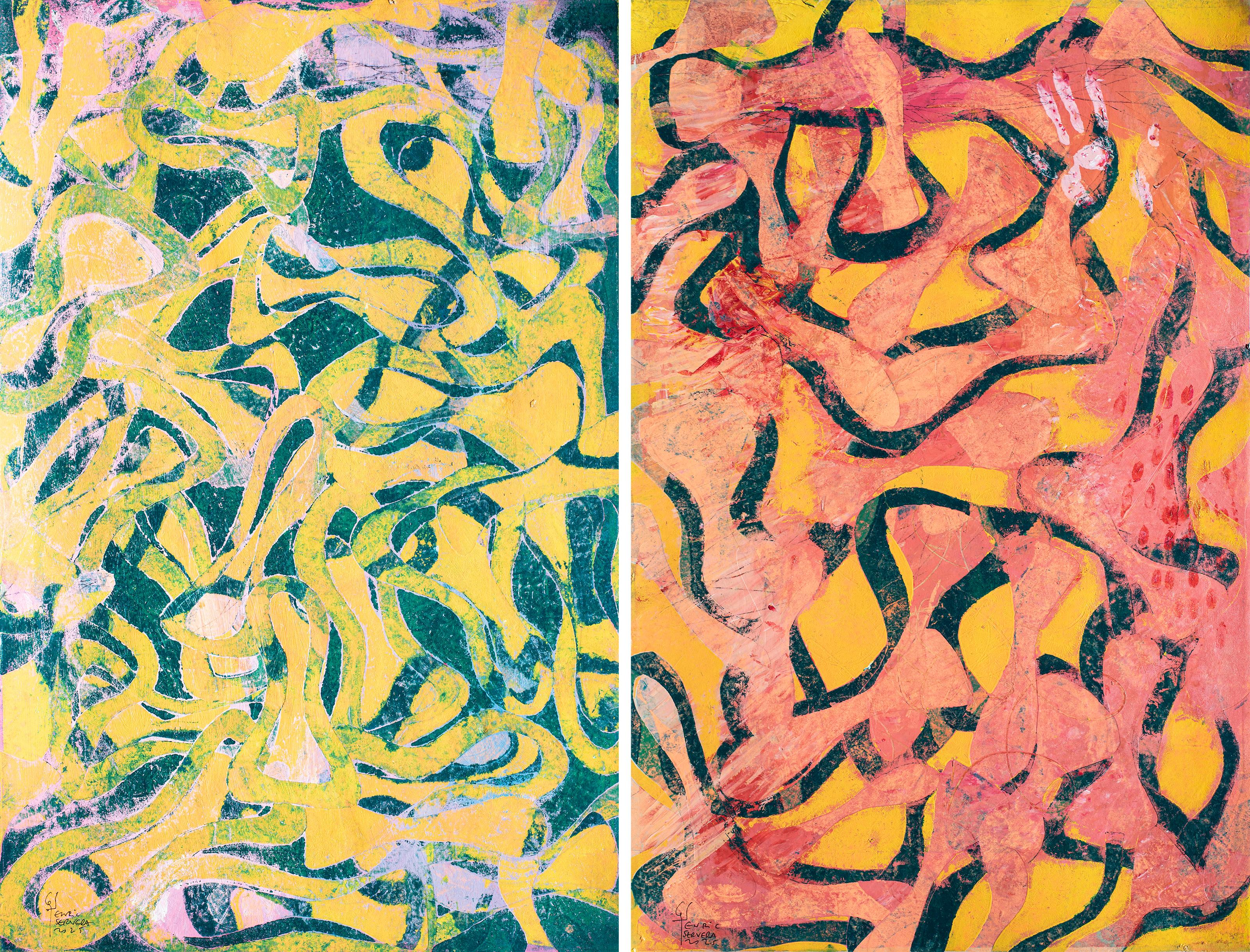 Joyous Sea, Unique Monotype on paper, Abstract Seascape Diptych in Warm Tones